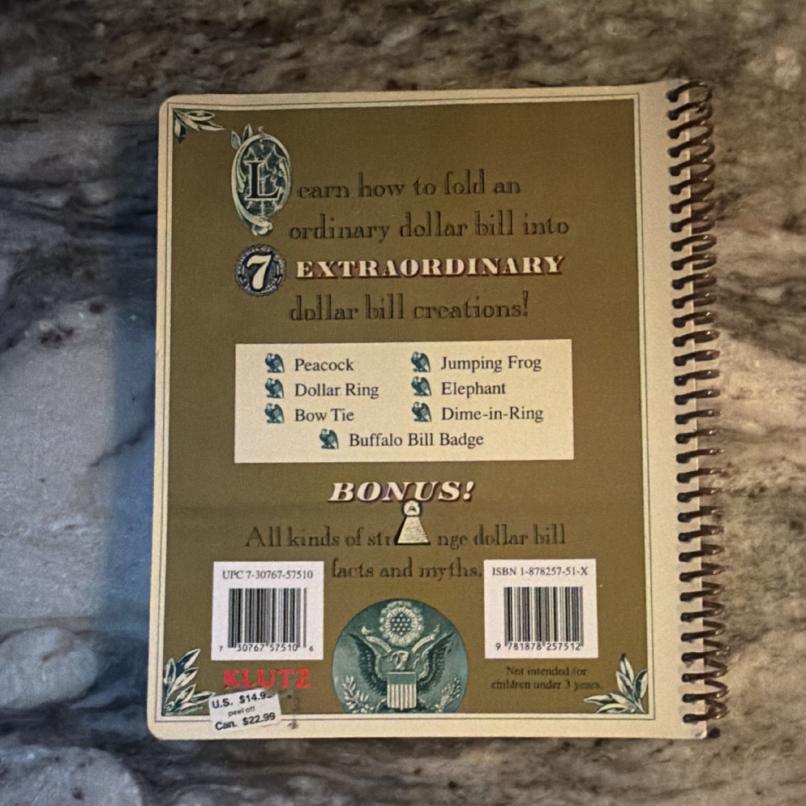 Klutz The Buck Book by Anne Akers Johnson Spiral Bound Craft Origami Activity