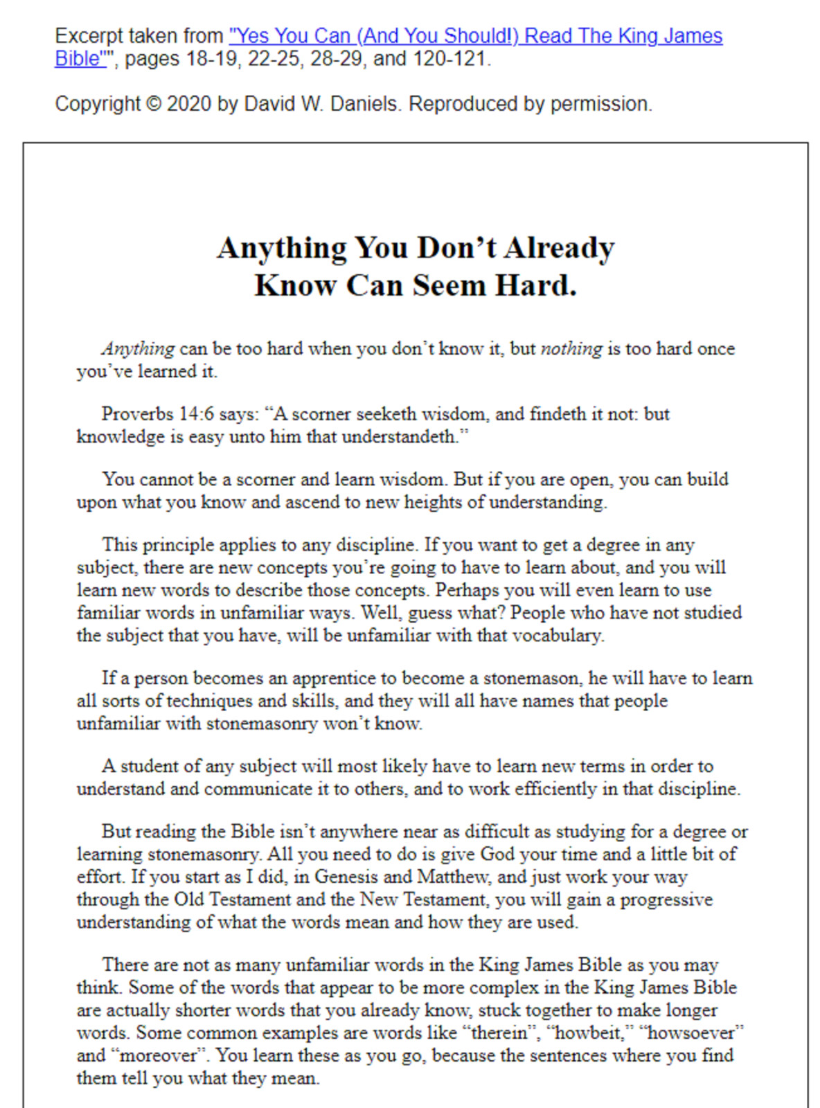 YES YOU CAN READ THE KING JAMES BIBLE | DAVID W DANIELS | CHICK PUBLICATIONS