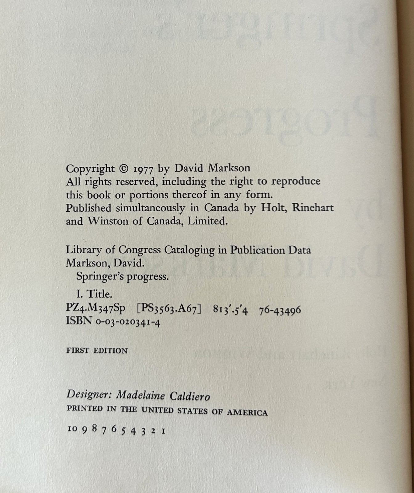 David Markson – Springer’s Progress – 1977 Hardcover First Edition – Near Fine
