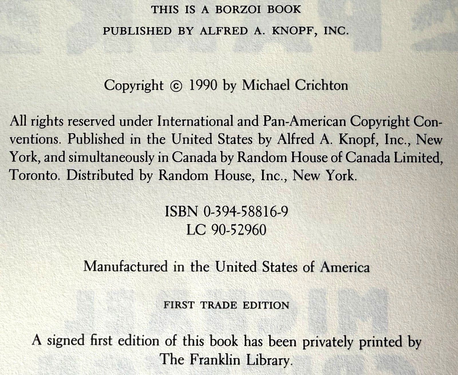 Jurassic Park, Michael Crichton 1990 1st ed 1st print w $19.95 DJ in Mylar
