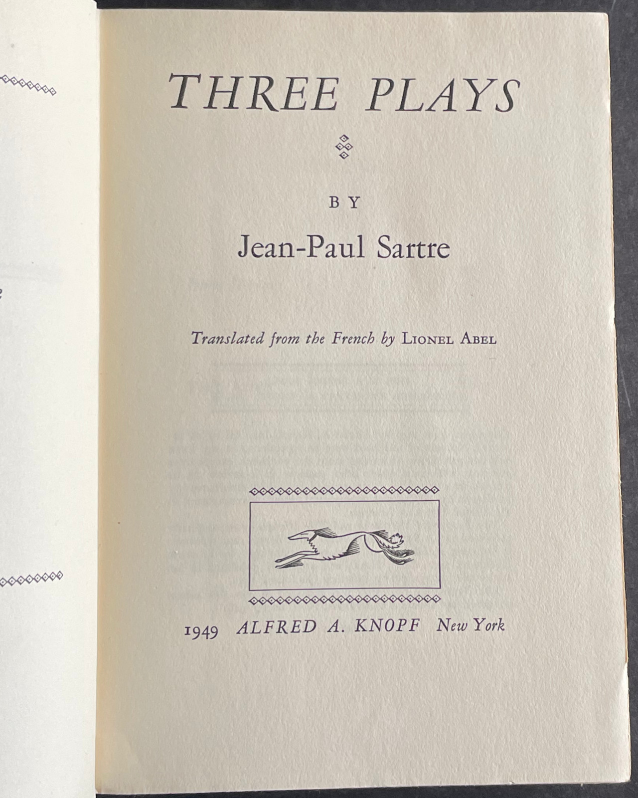 Sartre 1949 THREE PLAYS Knopf First American Edition Used Hardcover