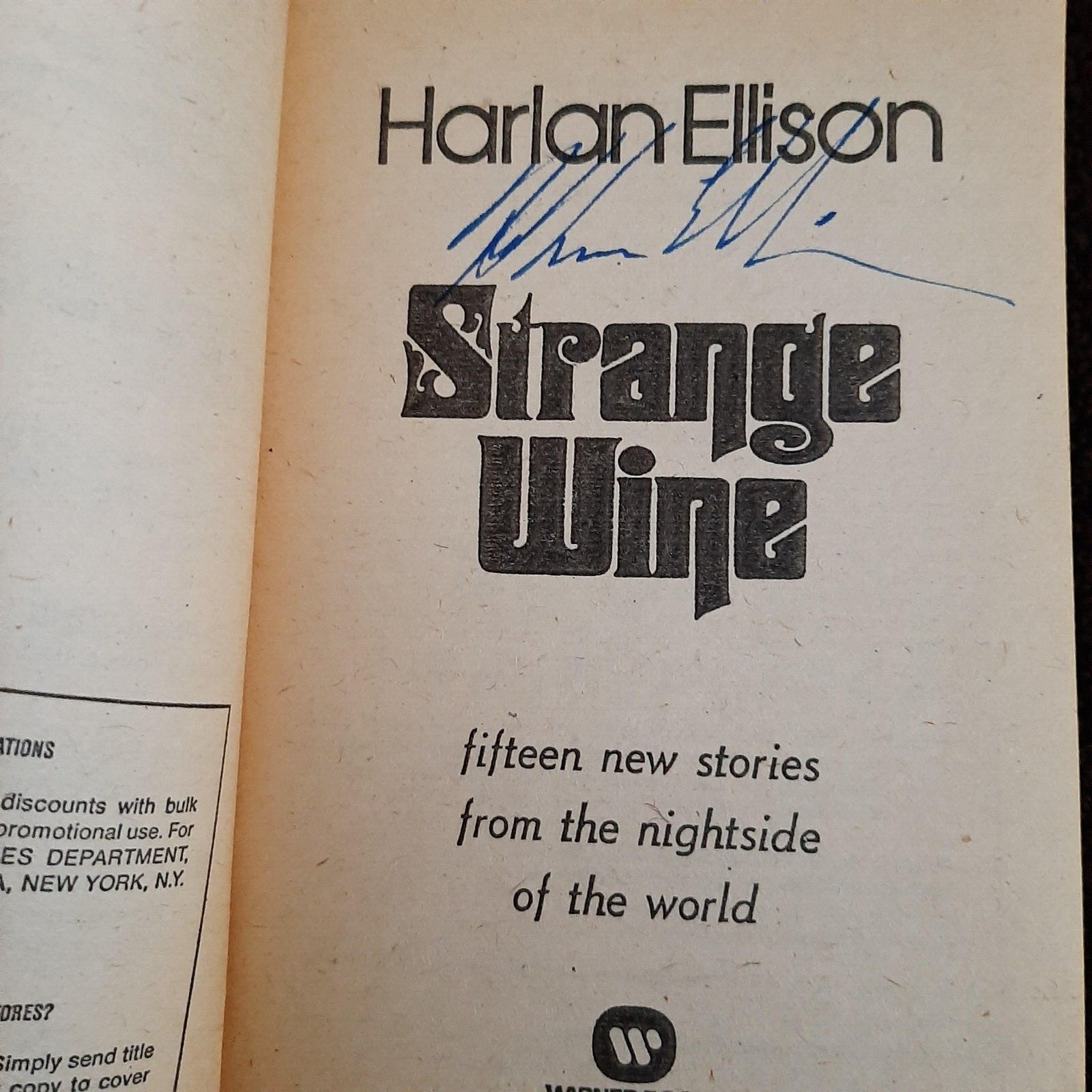 Strange Wine Paperback 1978 with Harlan Ellison Autograph