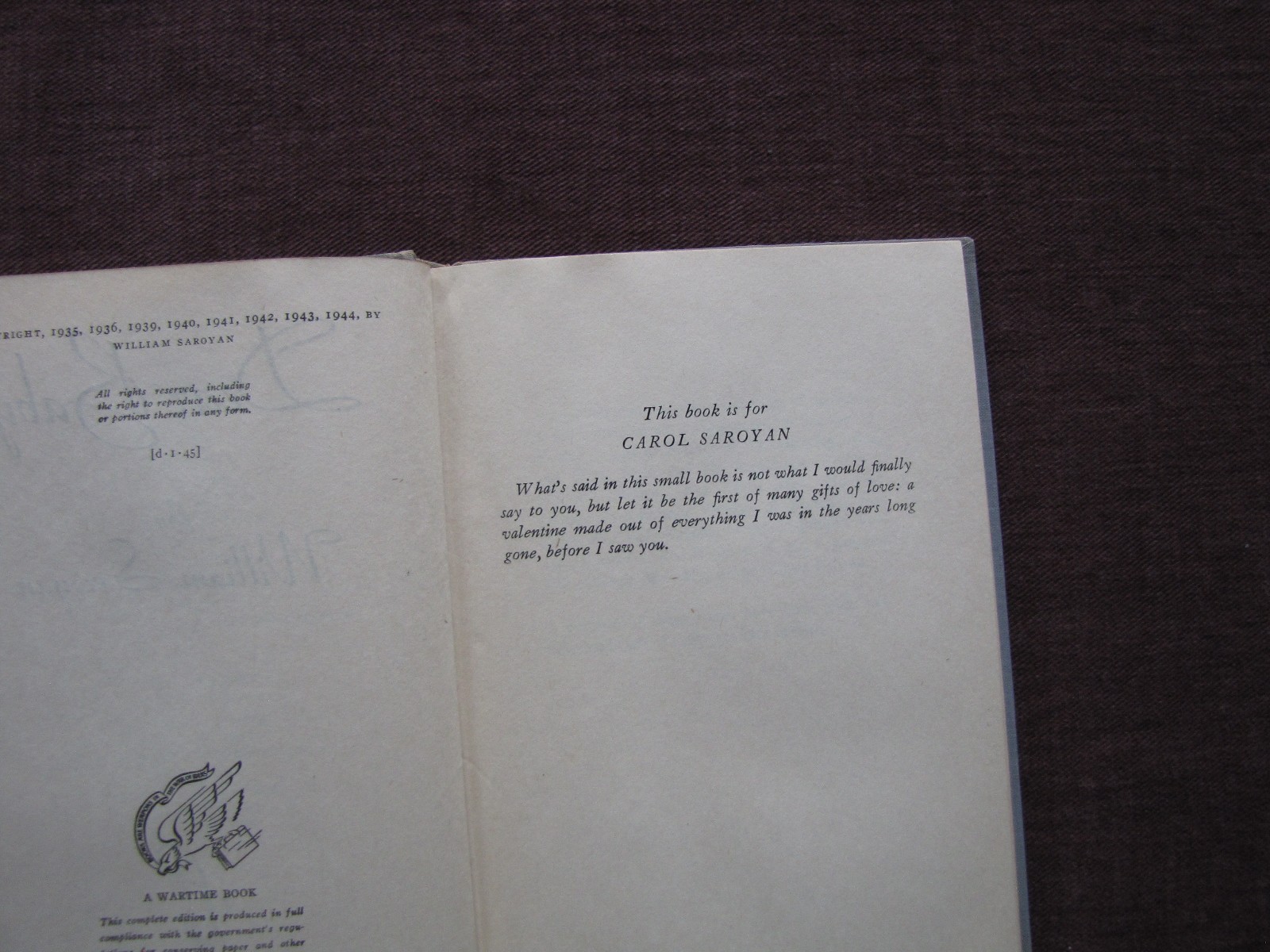 DEAR BABY by WILLIAM SAROYAN – War Time Edition HC 8.25×5 w 117pgs Vintage 1944