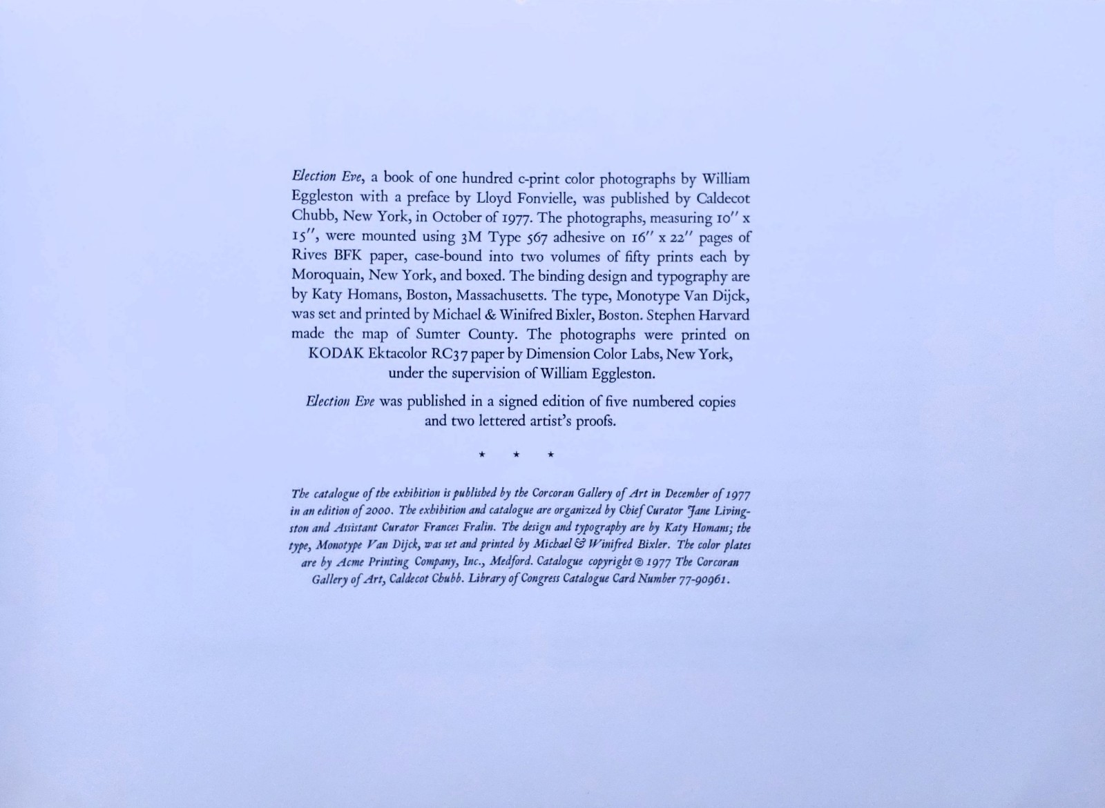 Election Eve by William Eggleston Exhibition Catalog First Edition 1977