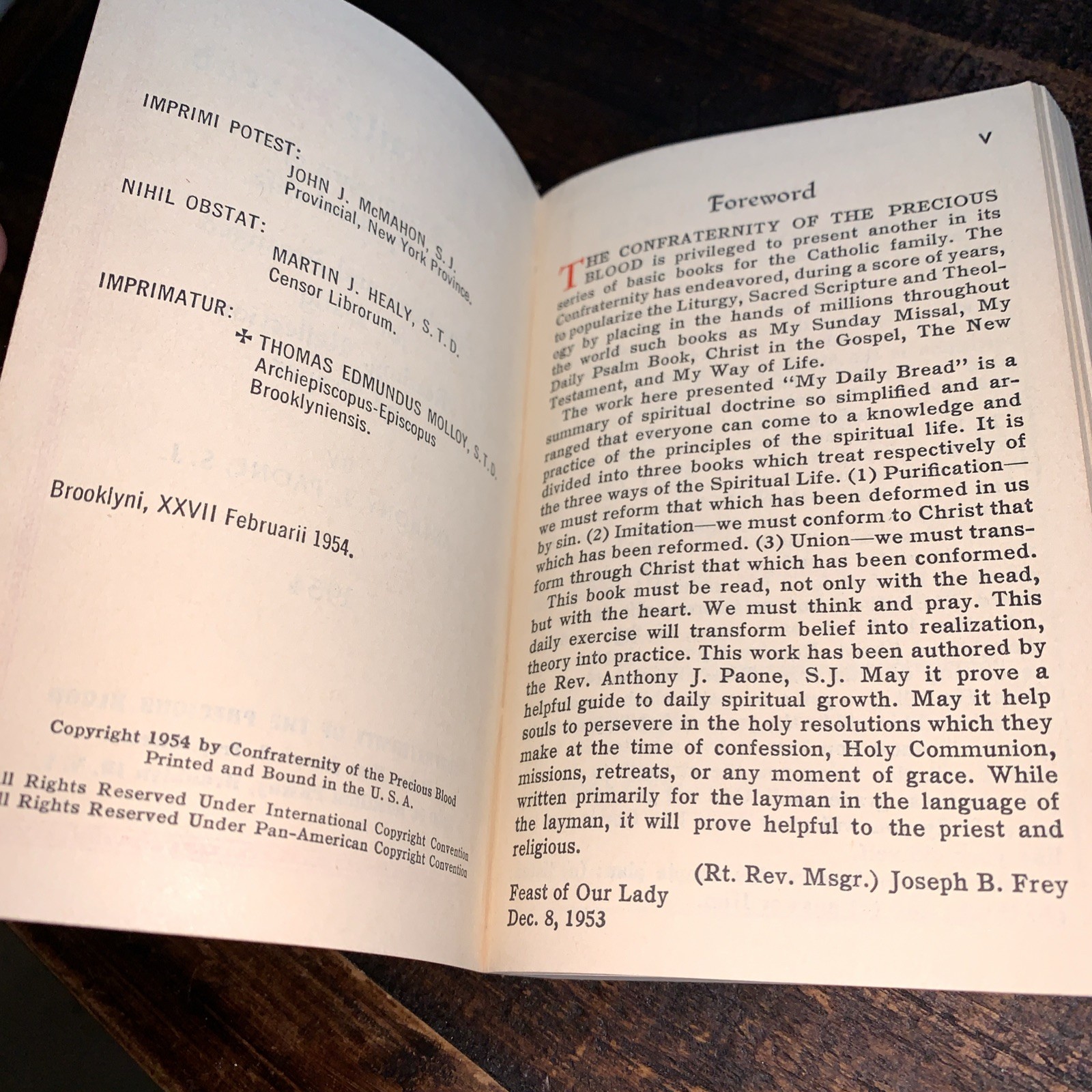 VINTAGE My Daily Bread Anthony J Paone/1954 Confraternity of the Precious Blood