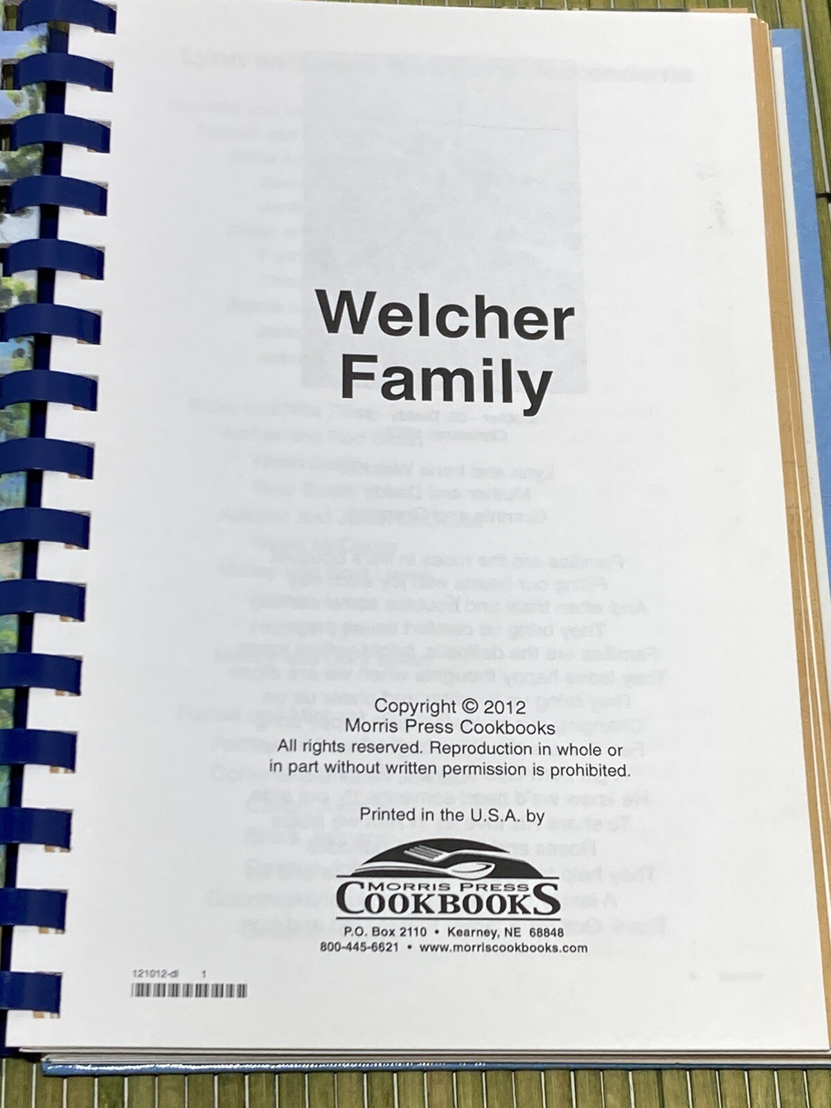 Recipes & Remembrances Cookbook Welcher Family 2012