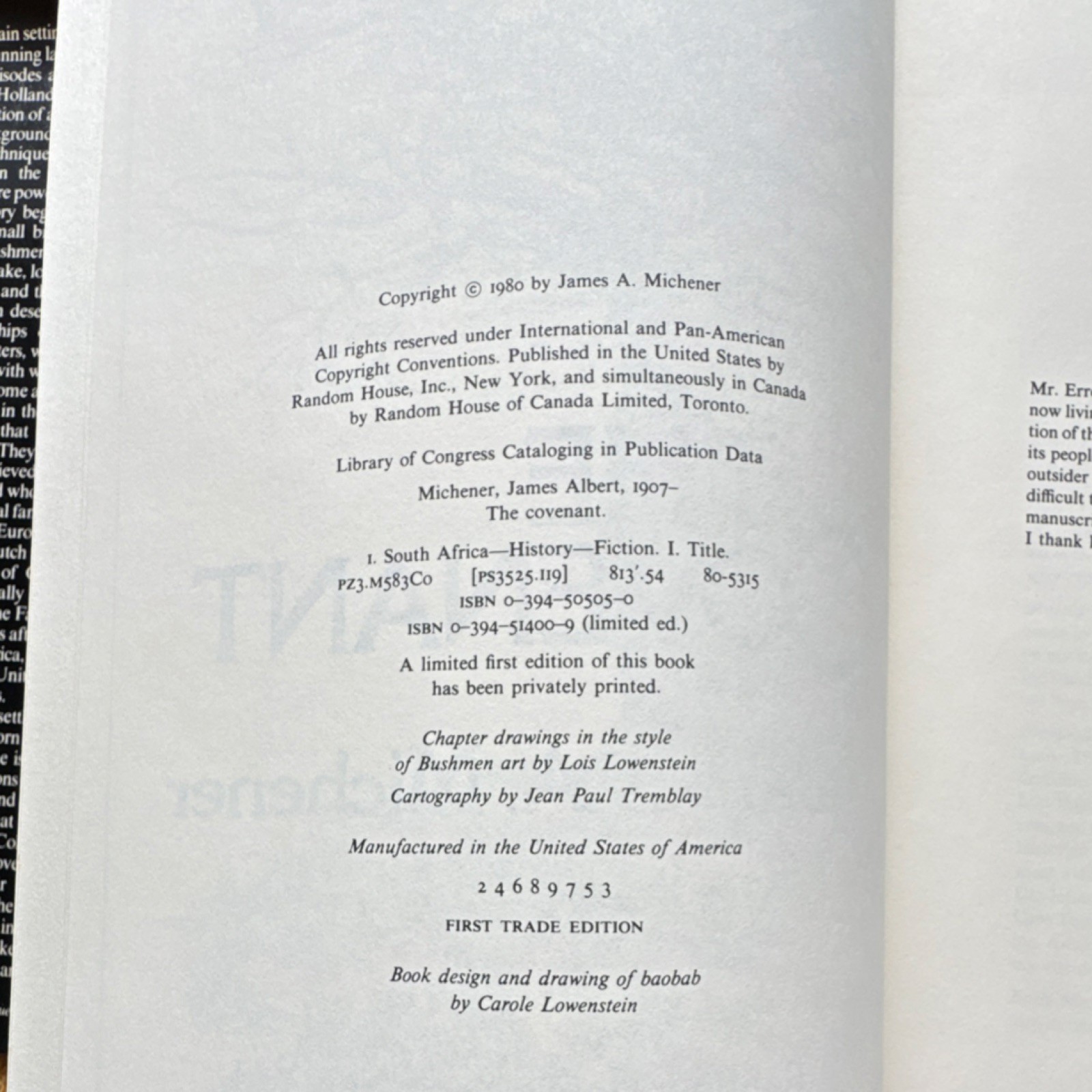 James A. Michener The Covenant Hardcover First Trade Ed 1980 w/ Dust Jacket