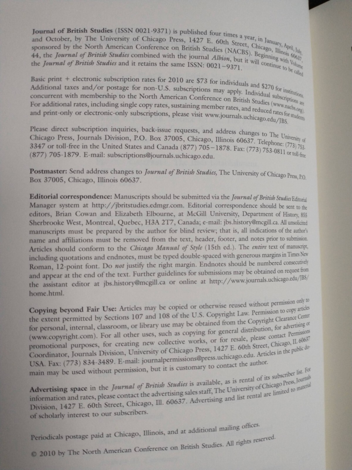 Journal of British Studies Vol. 49, #3, July 2010, trade paperback, 254 pages
