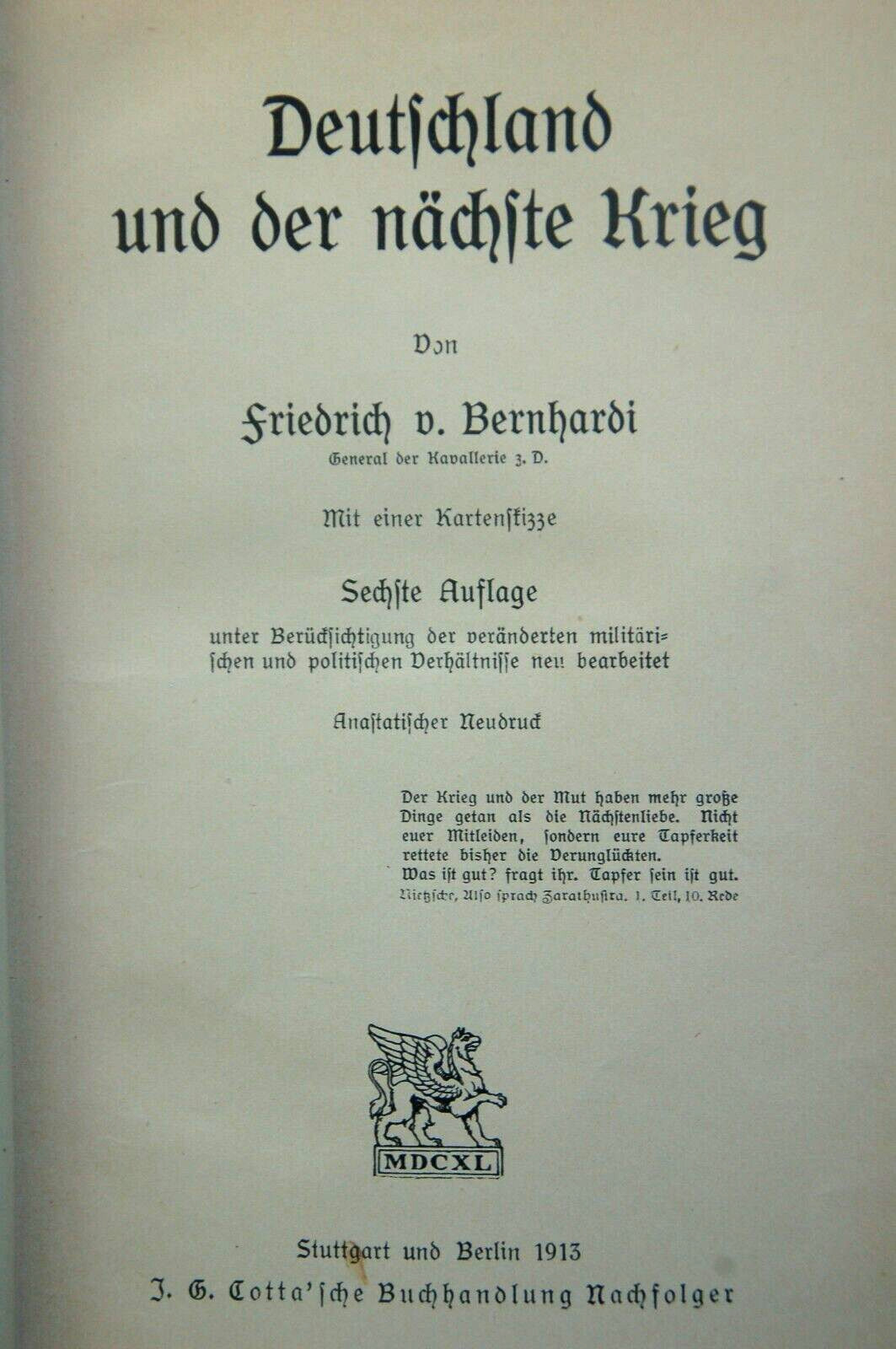 GERMANY AND THE NEXT WAR, by Friedrich Bernhardi, Sixth Ed 1913, HB, German Text