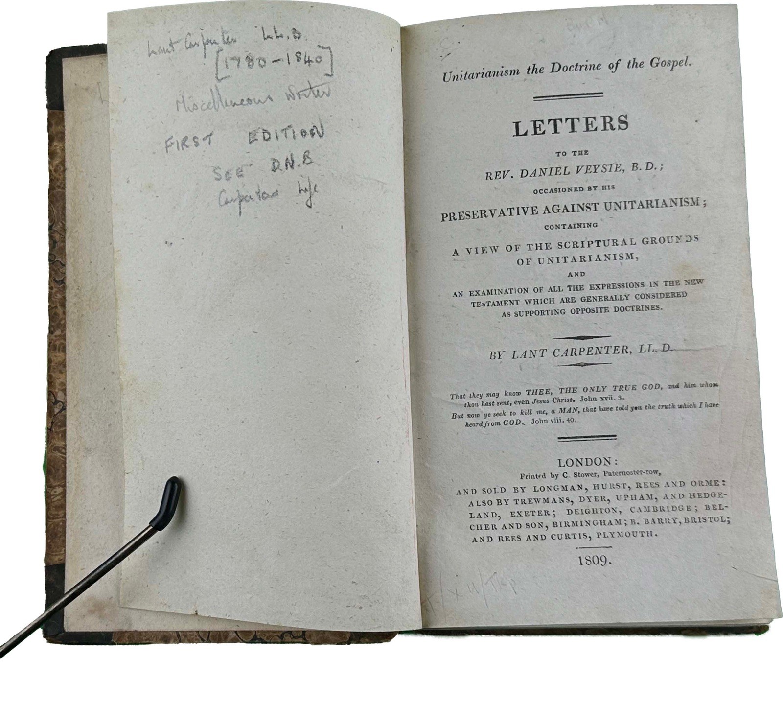 Letters on Unitarianism by Carpenter, Rare, 1809