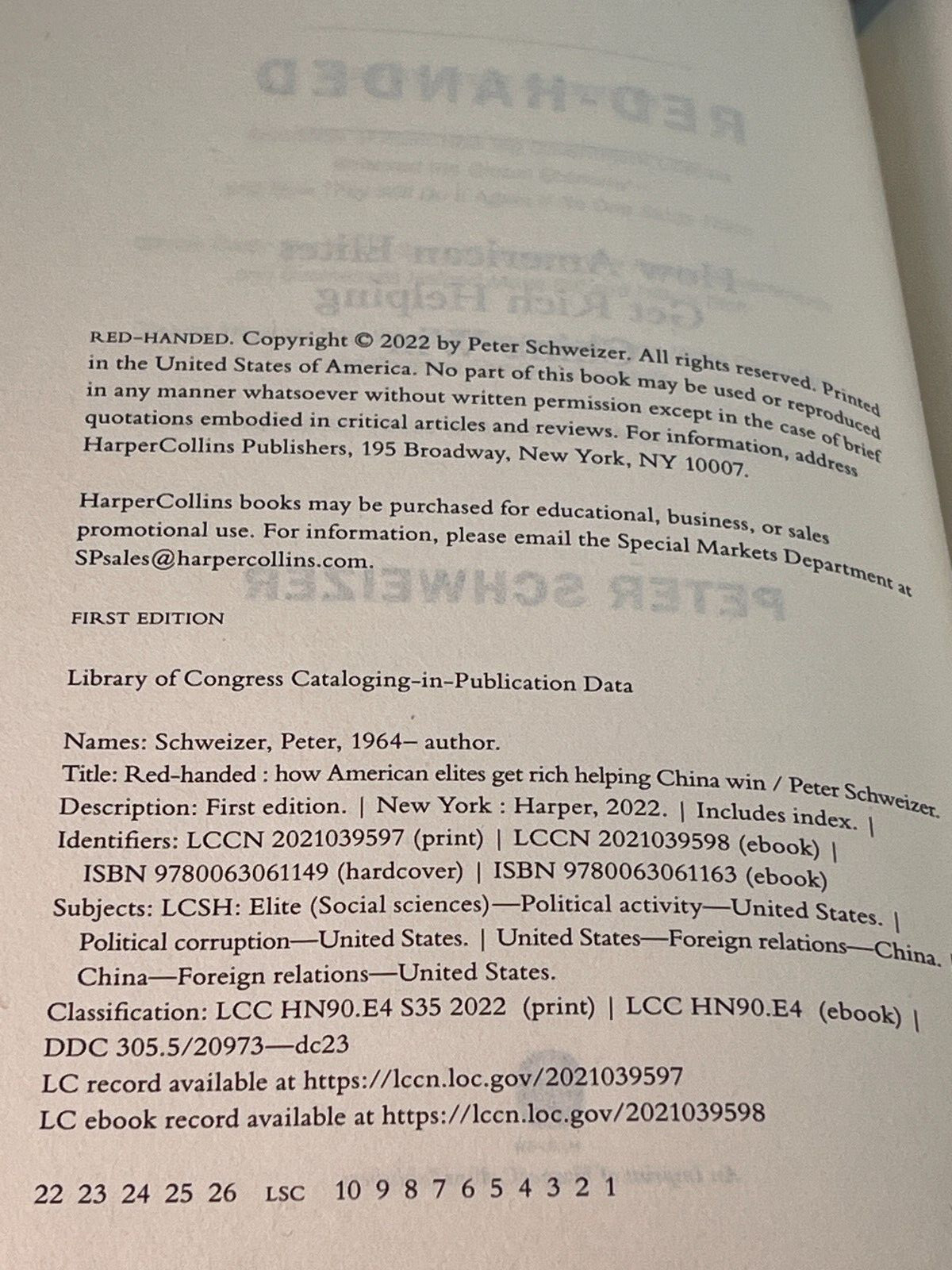 RED HANDED Peter Schweizer How American Elites Got Rich Helping China Win HC Bk