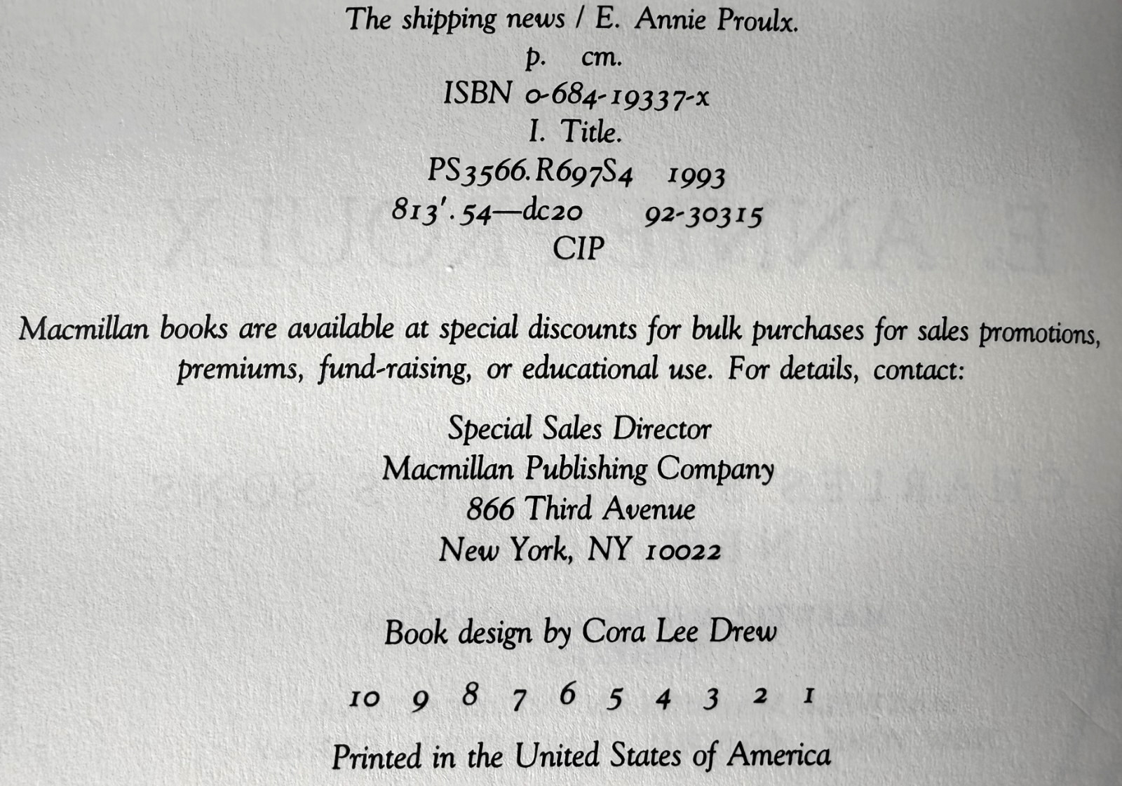 The Shipping News, Annie Proulx (Pulitzer) 1993 1st printing in Mylar, Near fine