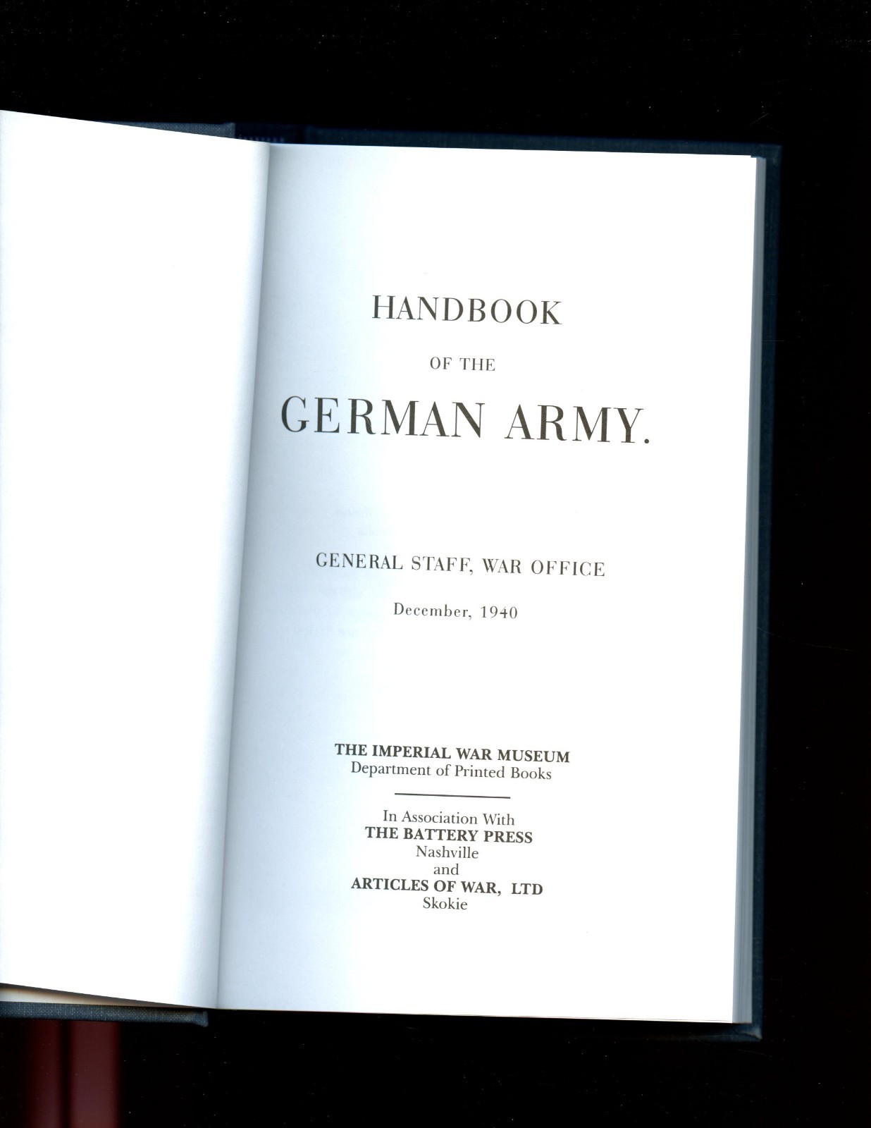 HANDBOOK OF THE GERMAN ARMY 1940. Battery pr, r/p HB NEW