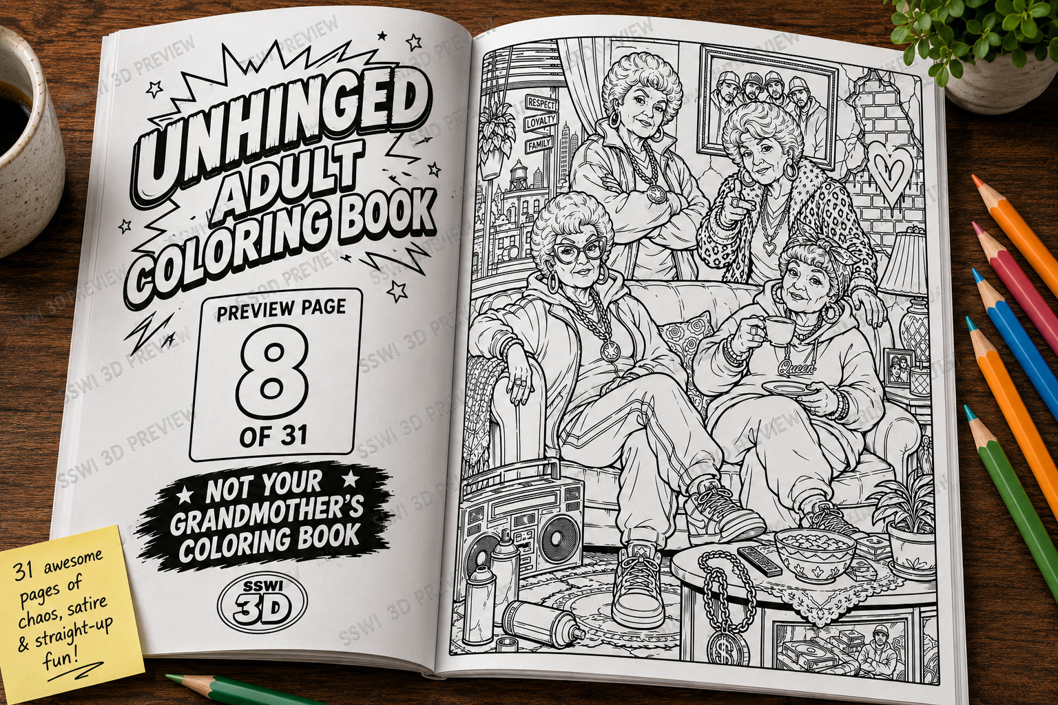 Unhinged Digital Adult Coloring Book | 31 Pages Pop Culture Satire & Chaos
