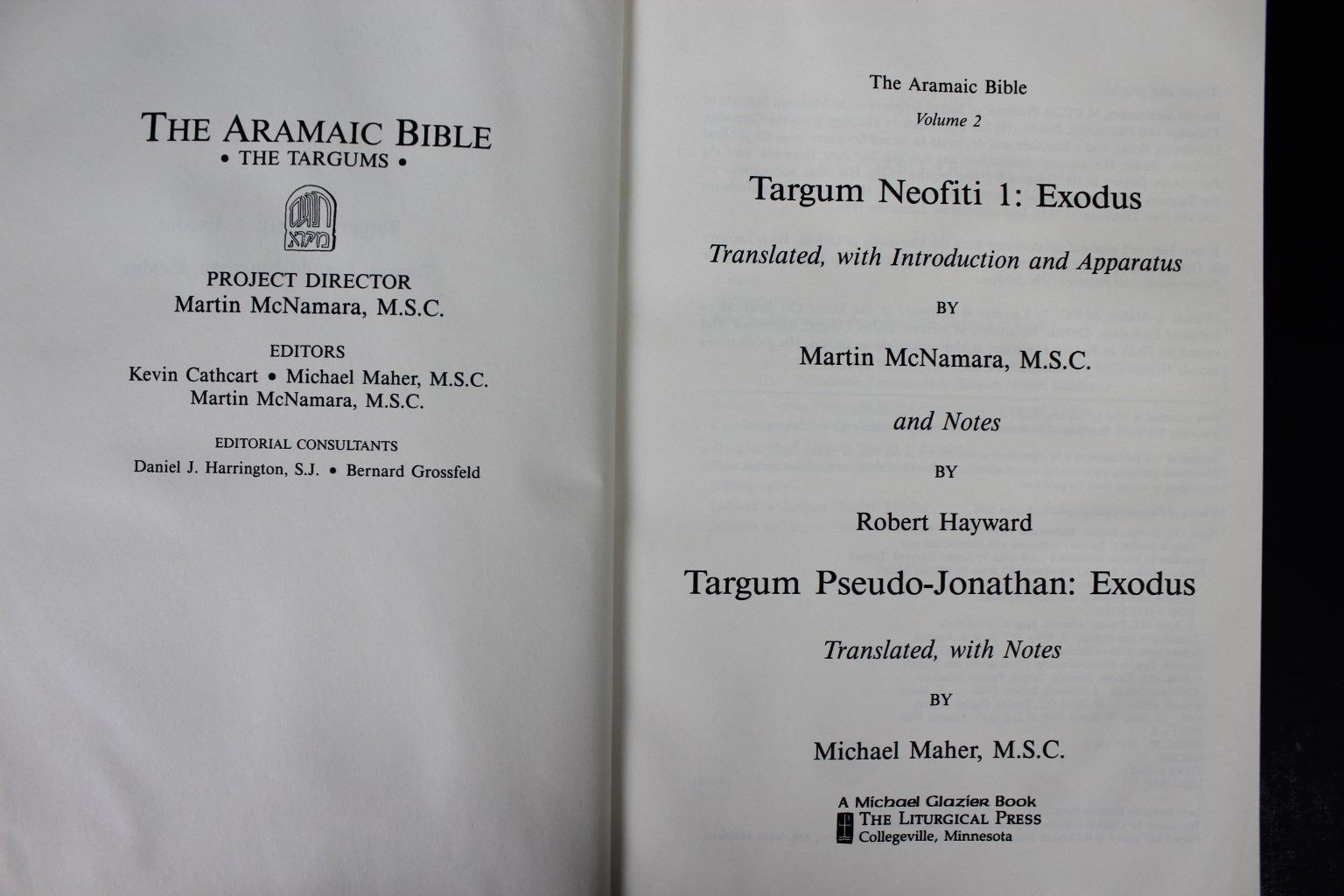 Aramaic Bible Targums Neofiti 1 Pseudo-Jonathan Exodus Vol 2 McNamara 1994 VG