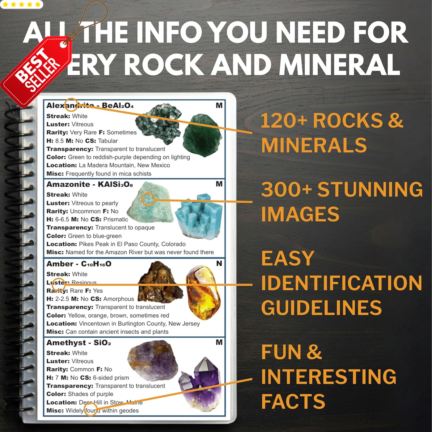 Spiral Rocks Minerals US Field Guide Waterproof Rockhounding Crystals Book – US