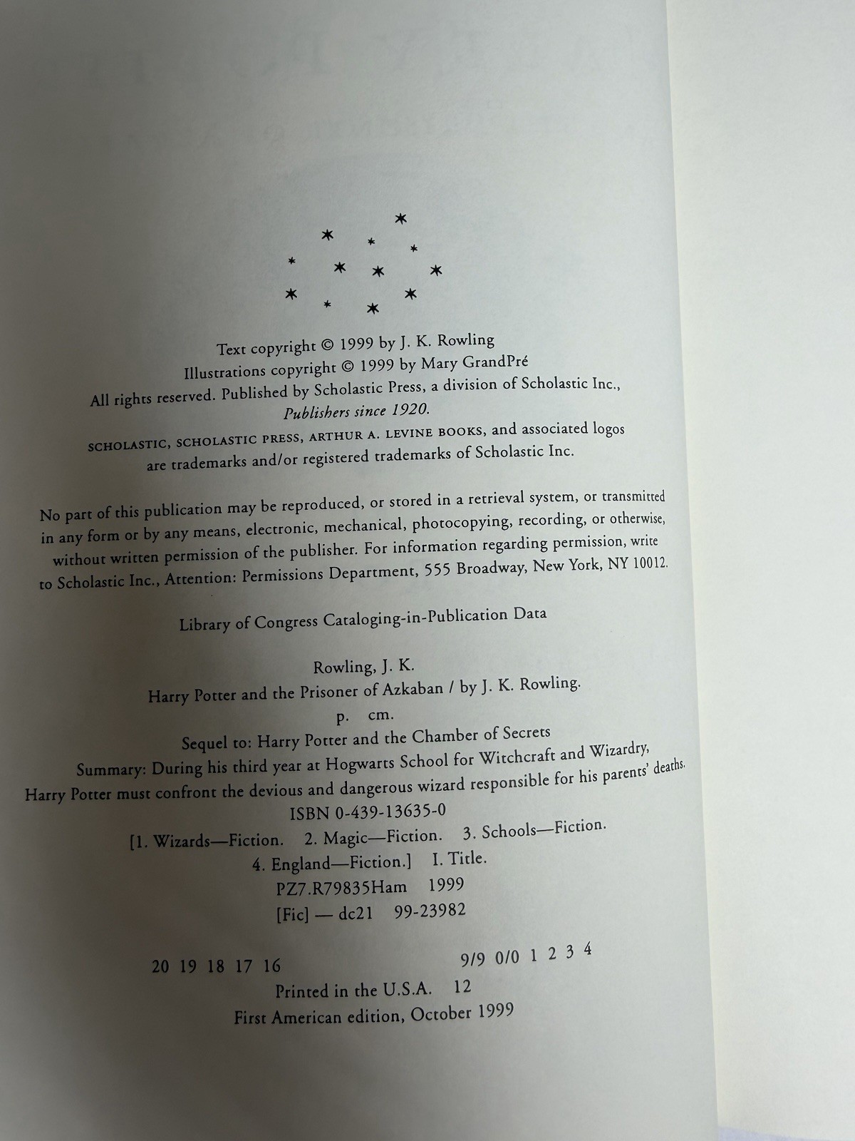 Harry Potter and the Prisoner of Azkaban Hardback 1st Amer Edition 1999 Rowling