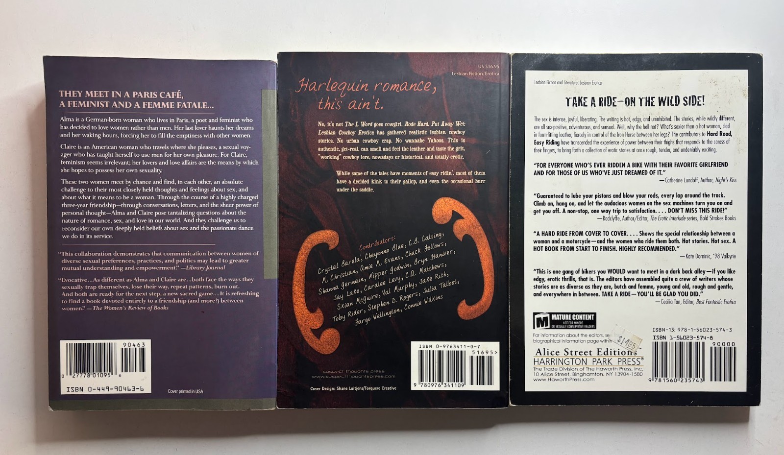 3 LGBTQIA+ books: lesbian erotic fiction (1990s-2000s), cowboy, biker