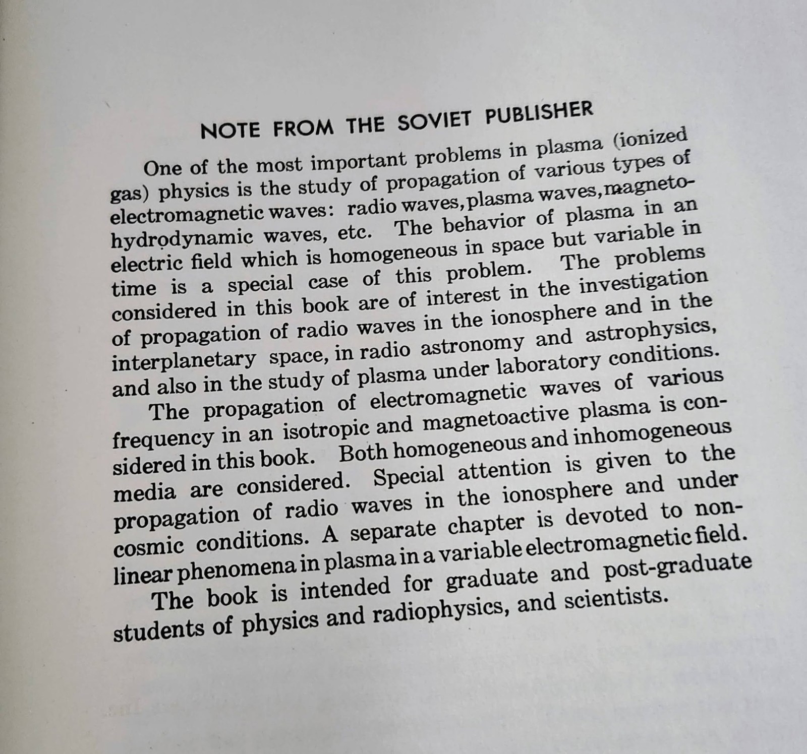 PROPAGATION OF ELECTROMAGNETIC WAVES IN PLASMA 1961 V. L. Ginzburg – Hardcover