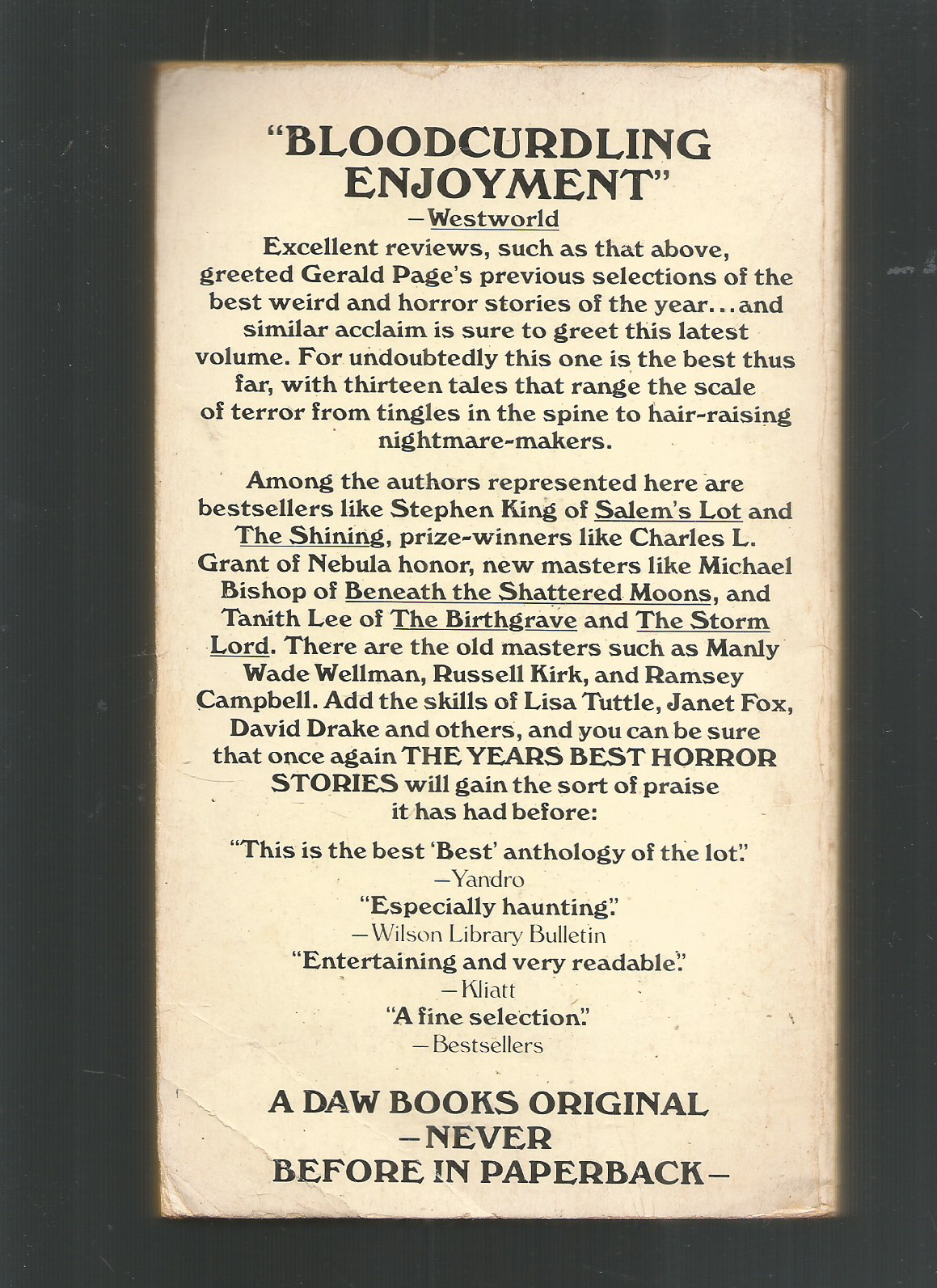 THE YEAR’S BEST HORROR STORIES SERIES VI -ED: GERA;D W.PAGE -DAW# 297 -1978-1st