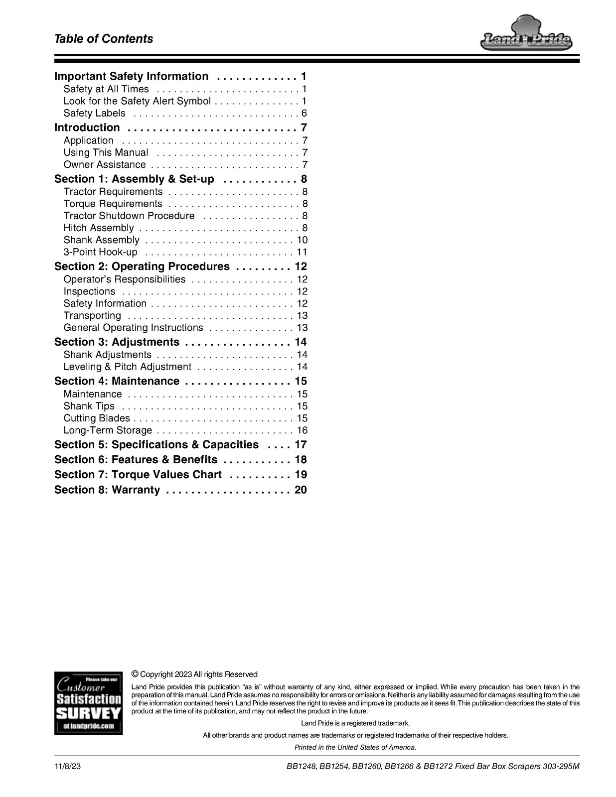 LAND PRIDE BB12 Series Box Scrapers Operators Manual – WIRE BOUND – TOUGH COVERS