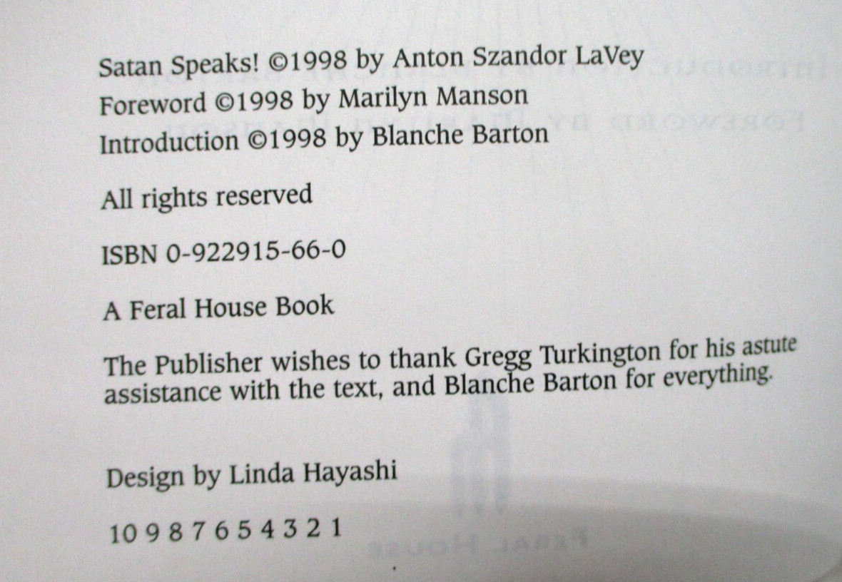 Satan Speaks! by Anton Szandor LaVey 1998 softcover occult book