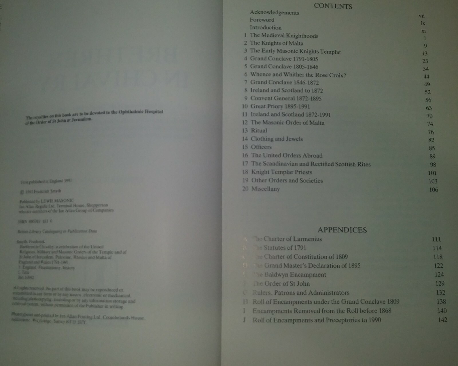 Brethren in Chivalry 1791-1991 Frederick Smyth Masons Templars Grand Priory 1st