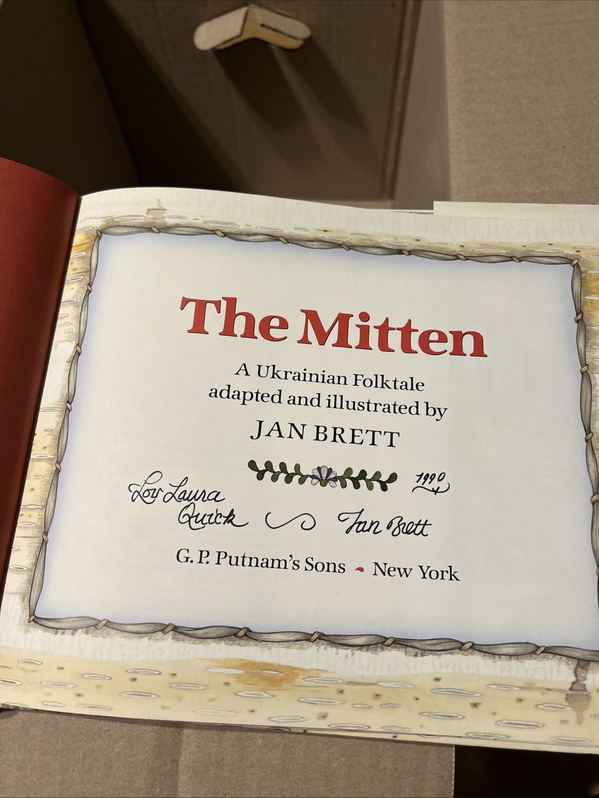 The Mitten by Jan Brett (1989, Hardcover) – Signed For Laura Quick in 1990.