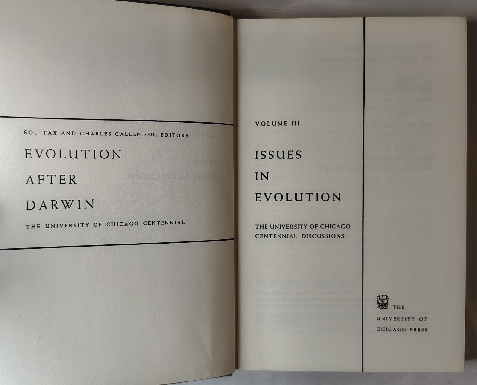 Evolution After Darwin The University Of Chicago Centennial 3 Volume HB 1960