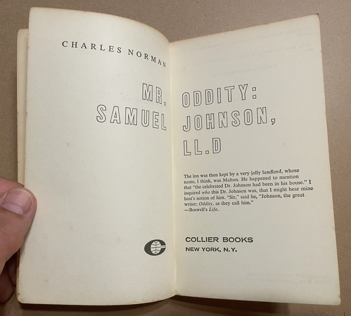 1961 Mr. Oddity: Samuel Johnson, LL. D. by Charles NormanCollier Books Paperback