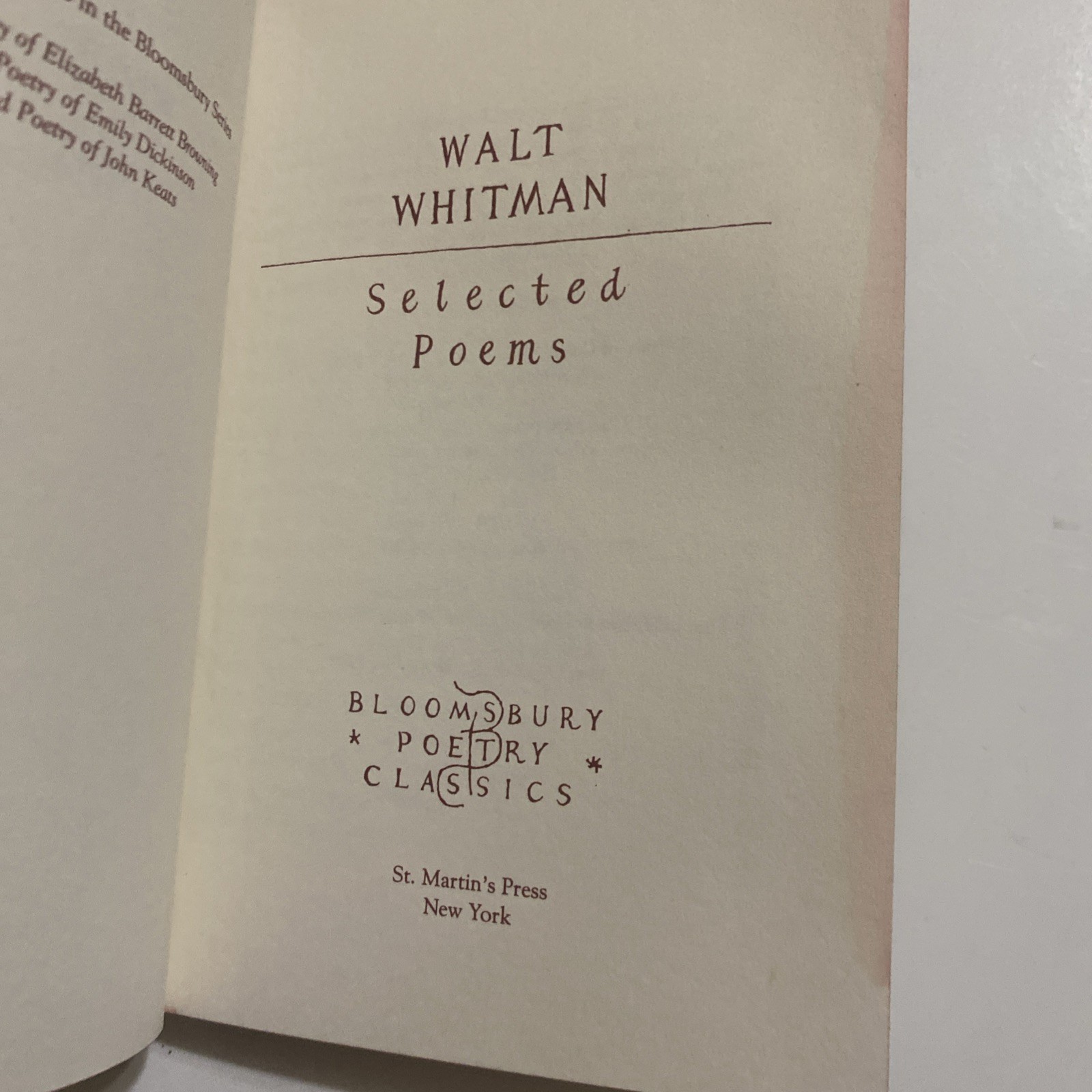 Walt Whitman Selected Poems Bloomsbury Poetry Classics 1993 HC No DJ First Print