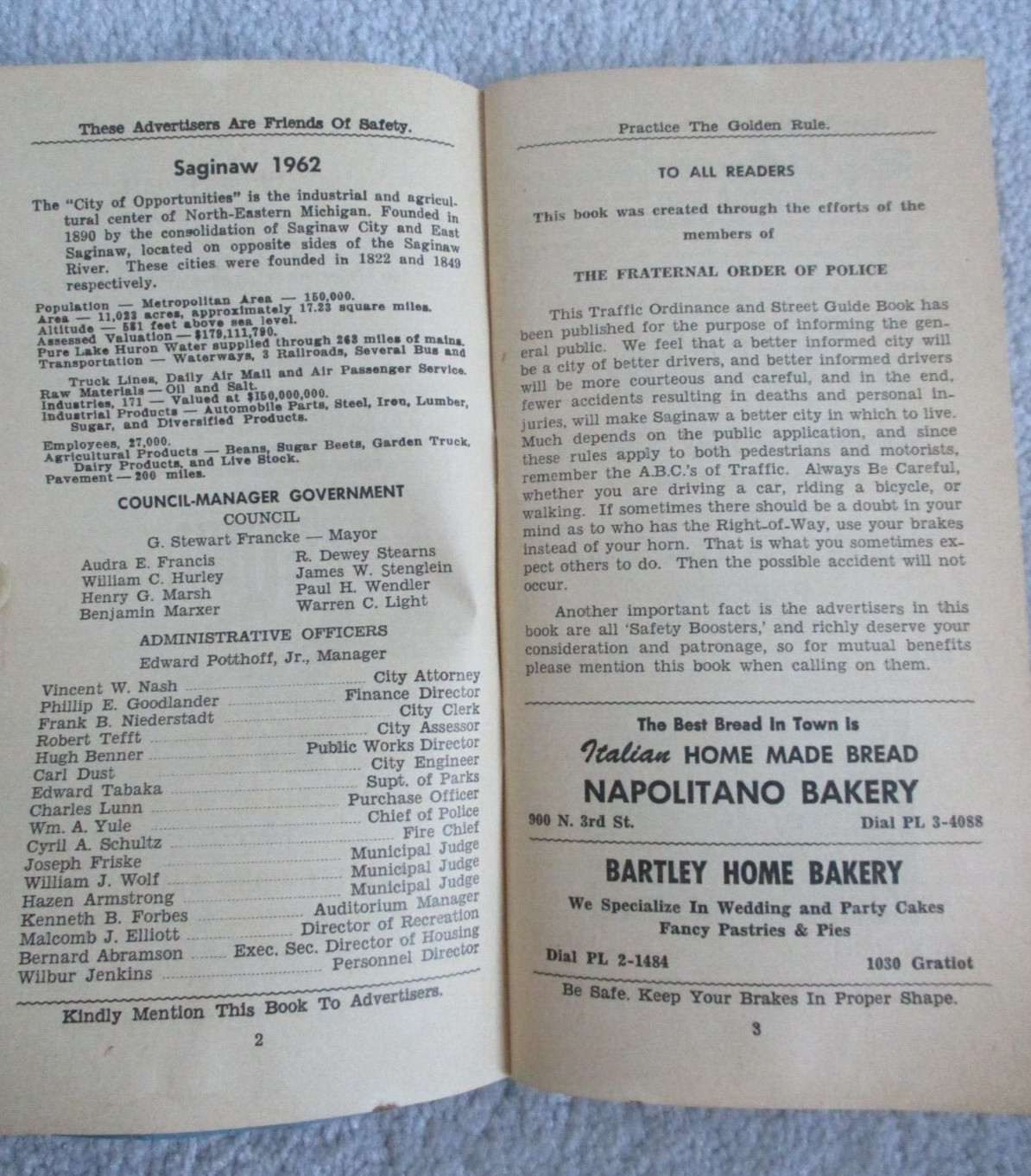 1962 Vintage Saginaw MI Street Guide Ordinances Rules Directory Genske 100 Page
