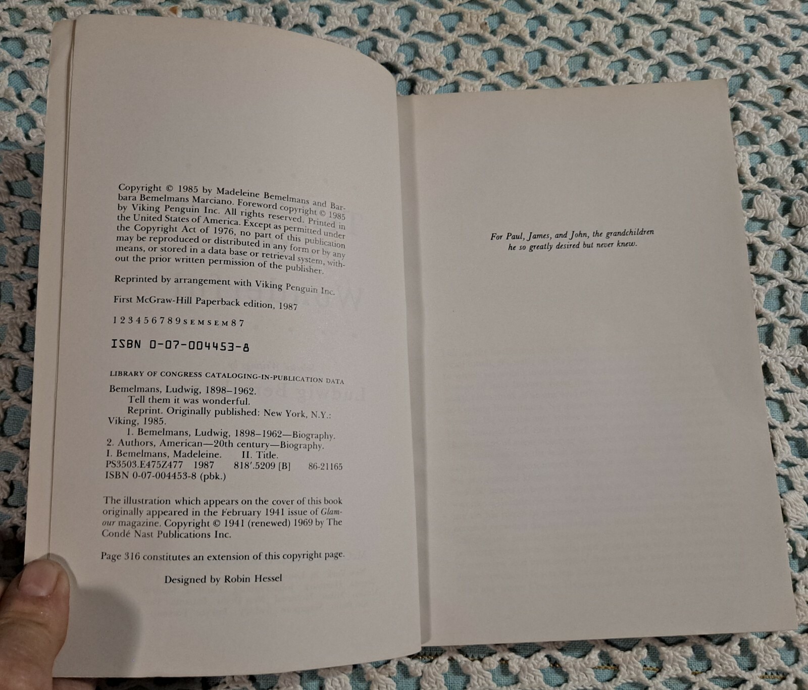 Tell Them It Was Wonderful: Selected Writings by Ludwig Bemelmans, 1987 (1st ED)