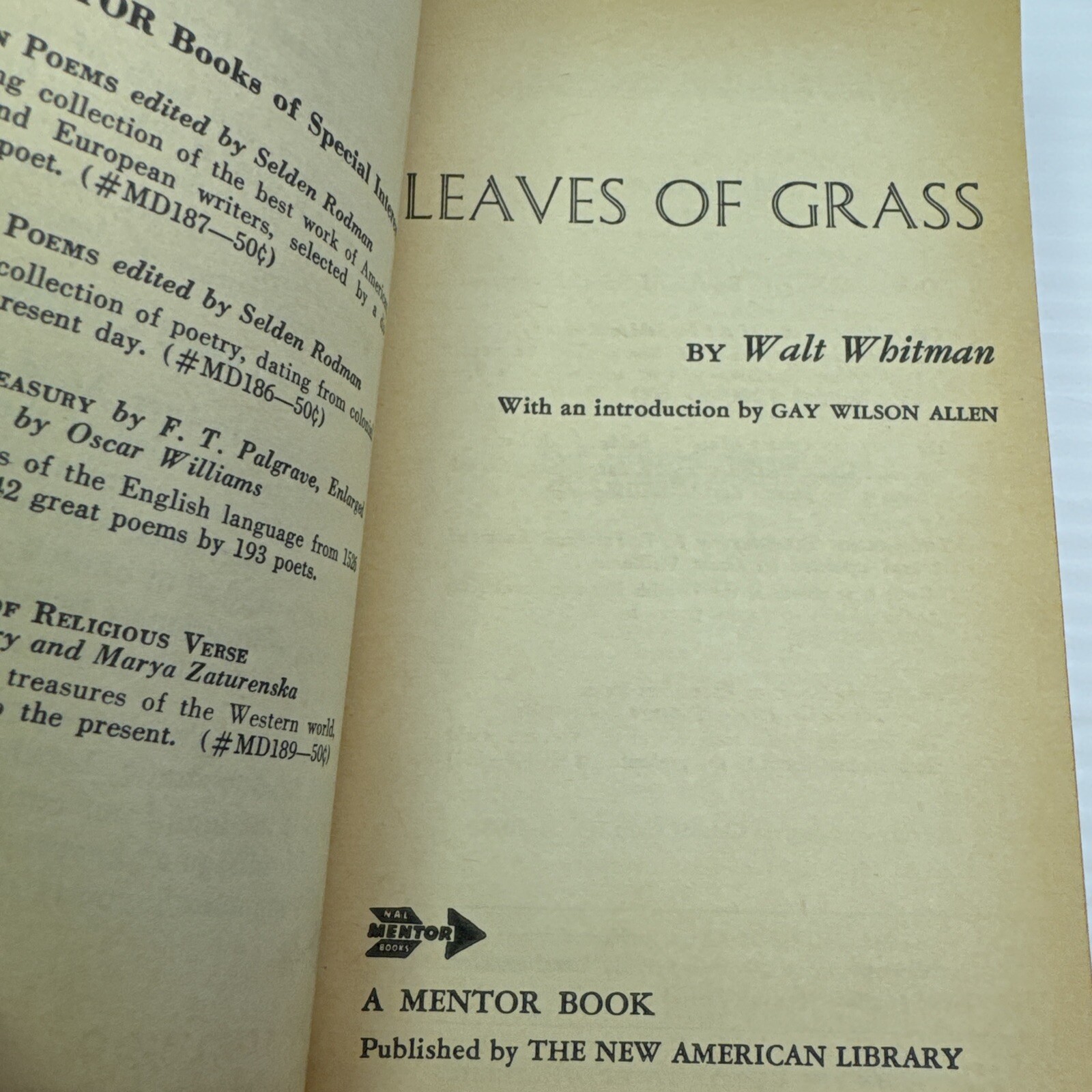 Leaves of Grass Walt Whitman Mentor Book 1958 Paperback Poems American Poetry