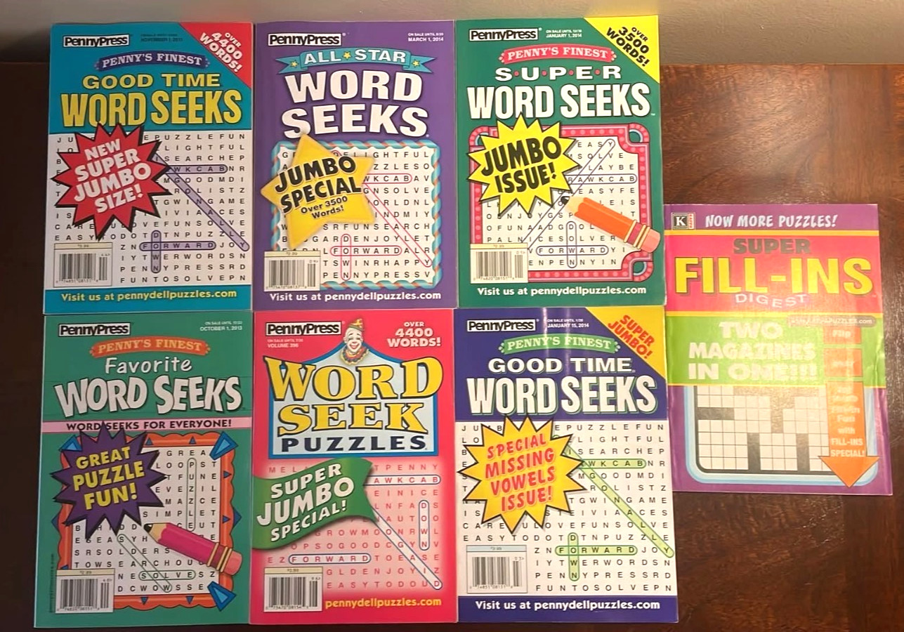 Lot of 7 Penny Press Penny’s Finest Super Word Search Seek Puzzle Books Variety