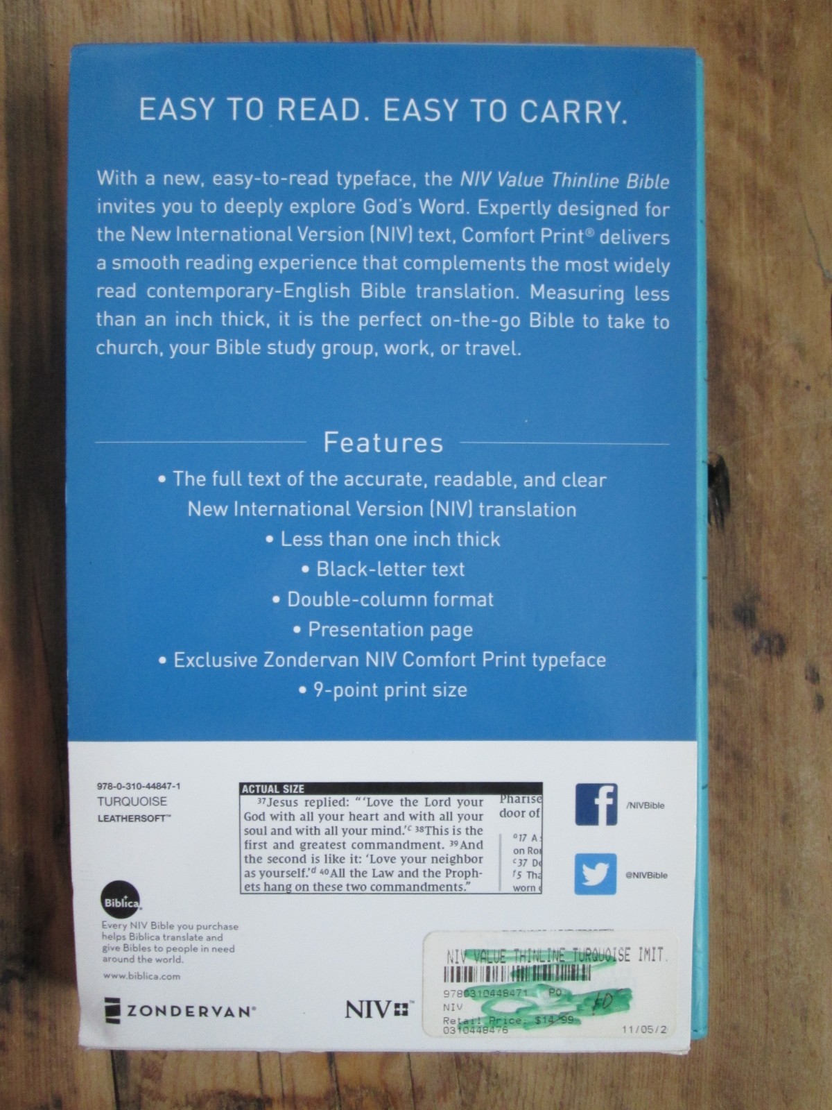 NEW Internatioal Version NIV Value Thinline Bible Leathersoft Teal Turquoise