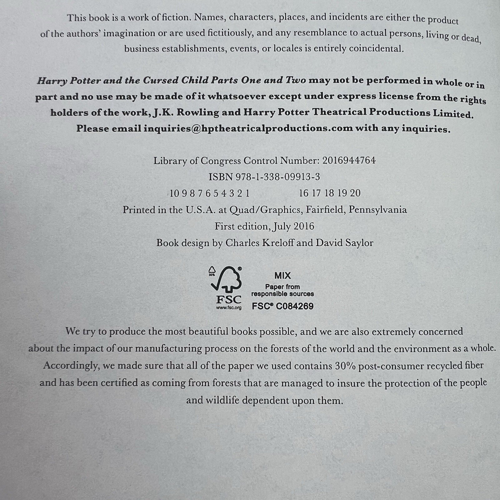 Harry Potter and the Cursed Child 1 & 2 Special Rehearsal Edition Script Book
