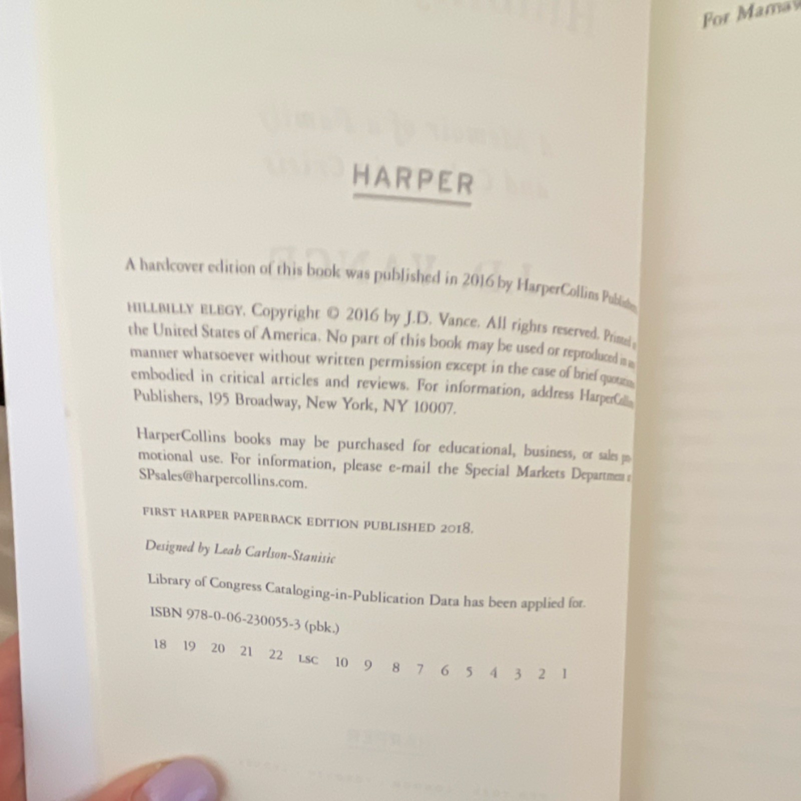 Hillbilly Elegy J.D. Vance Paperback Memoir First Harper Edison 2018
