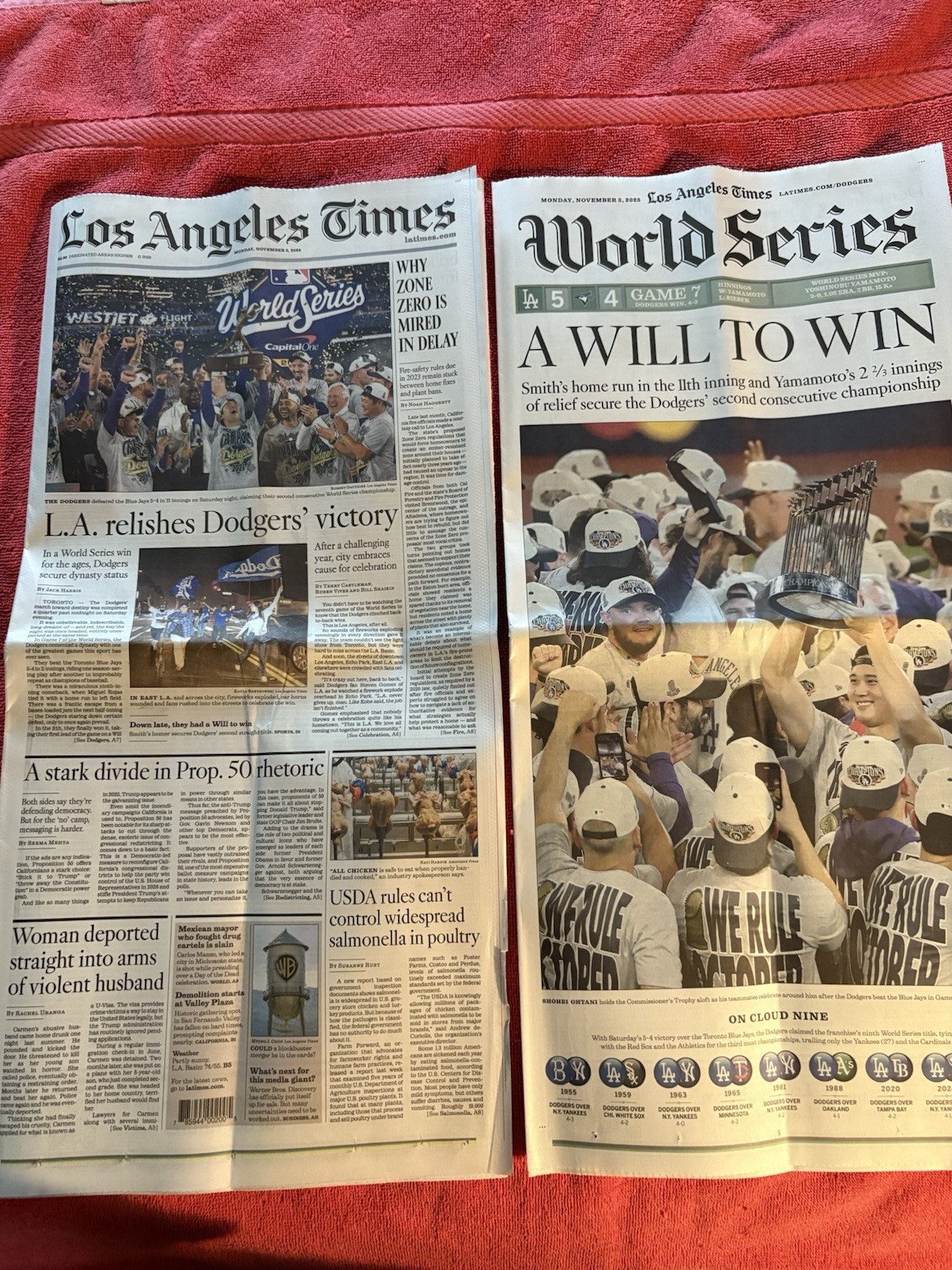 LA TIMES FRONT SPORTS SECTION NOVEMBER 3 2025 DODGERS WORLD SERIES YAMAMOTO WEST