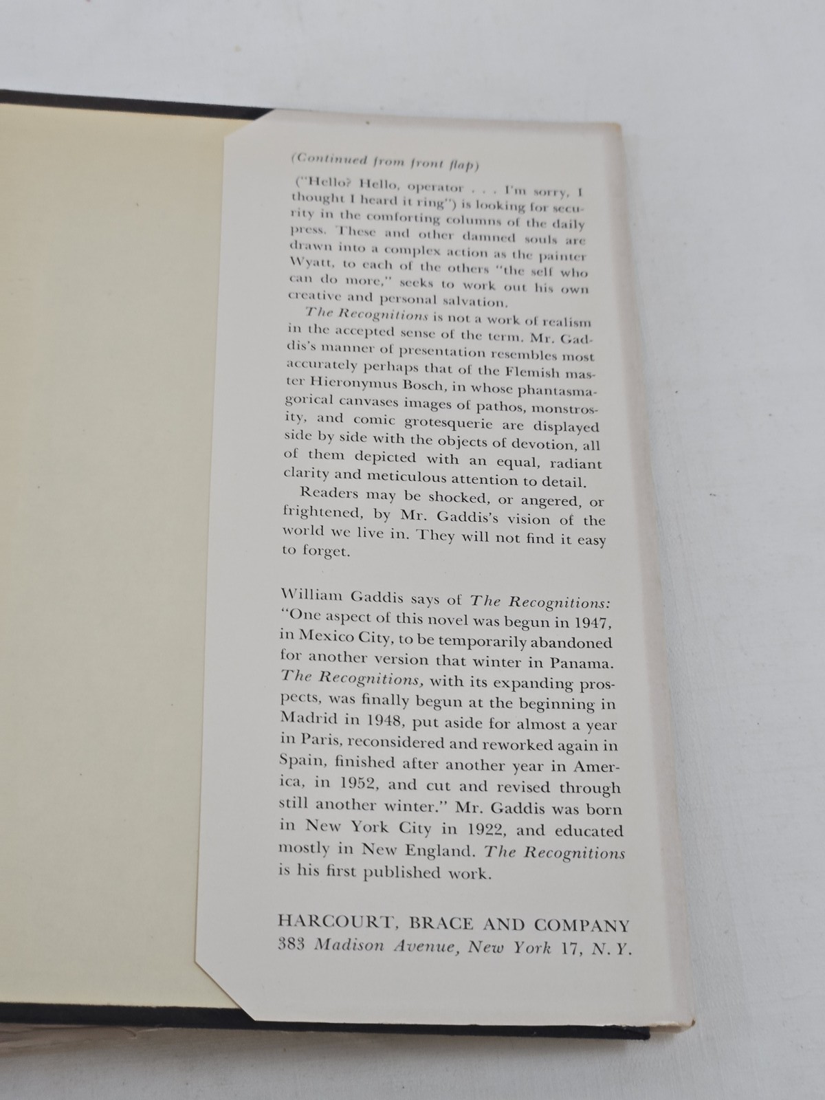 The Recognitions by William Gaddis 1955 First Edition Harcourt Brace & Company
