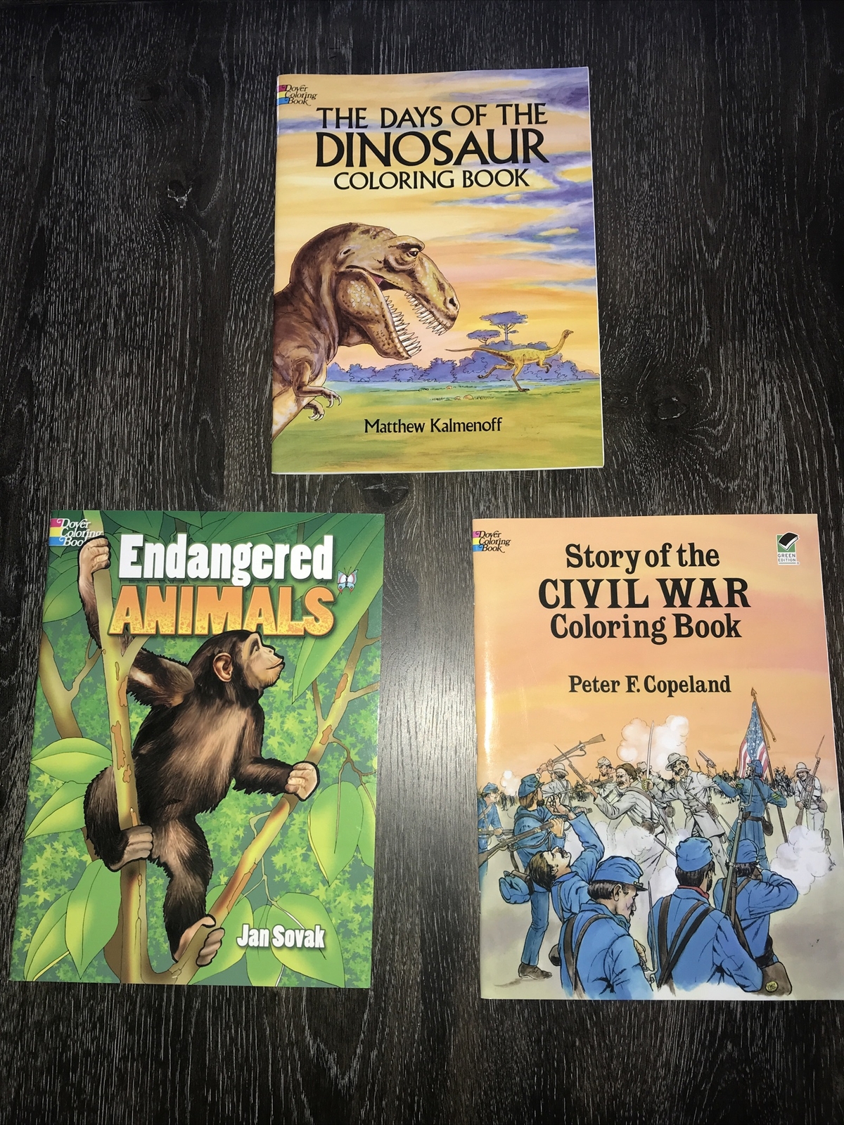 3 NEW DOVER COLORING BOOKS Days Of The Dinosaur, Endangered Animals & Civil War