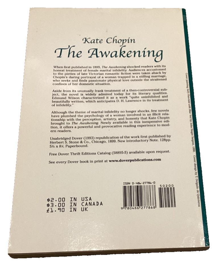 Awakening Kate Chopin 1899 Classic 1993 Reprint Marital Infidelity Dover Thrift