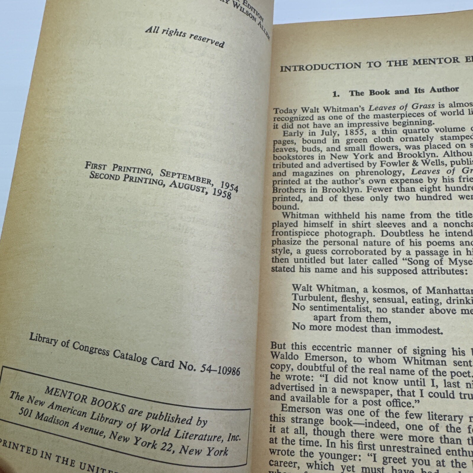 Leaves of Grass Walt Whitman Mentor Book 1958 Paperback Poems American Poetry