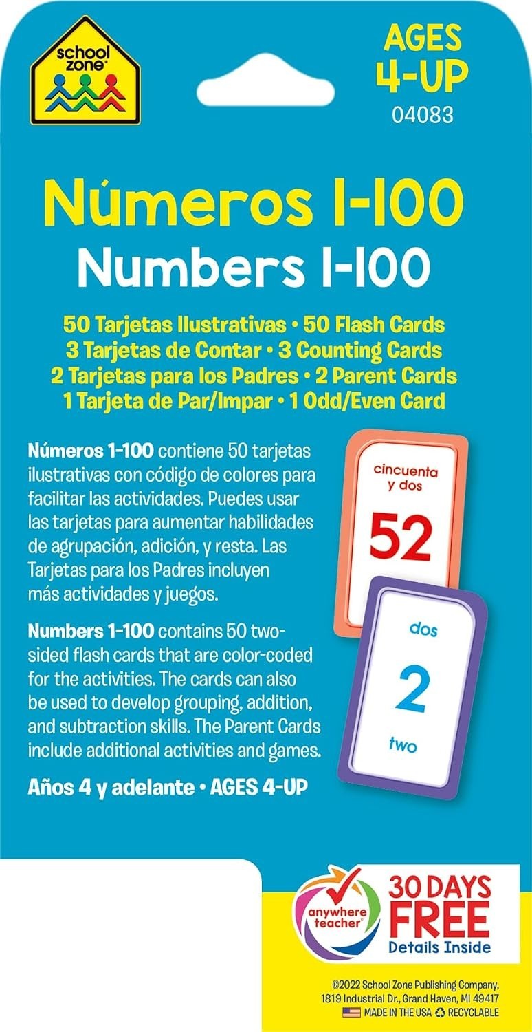 School Zone – Bilingual Numbers 1-100 Flash Cards – Ages 4+, Preschool to…