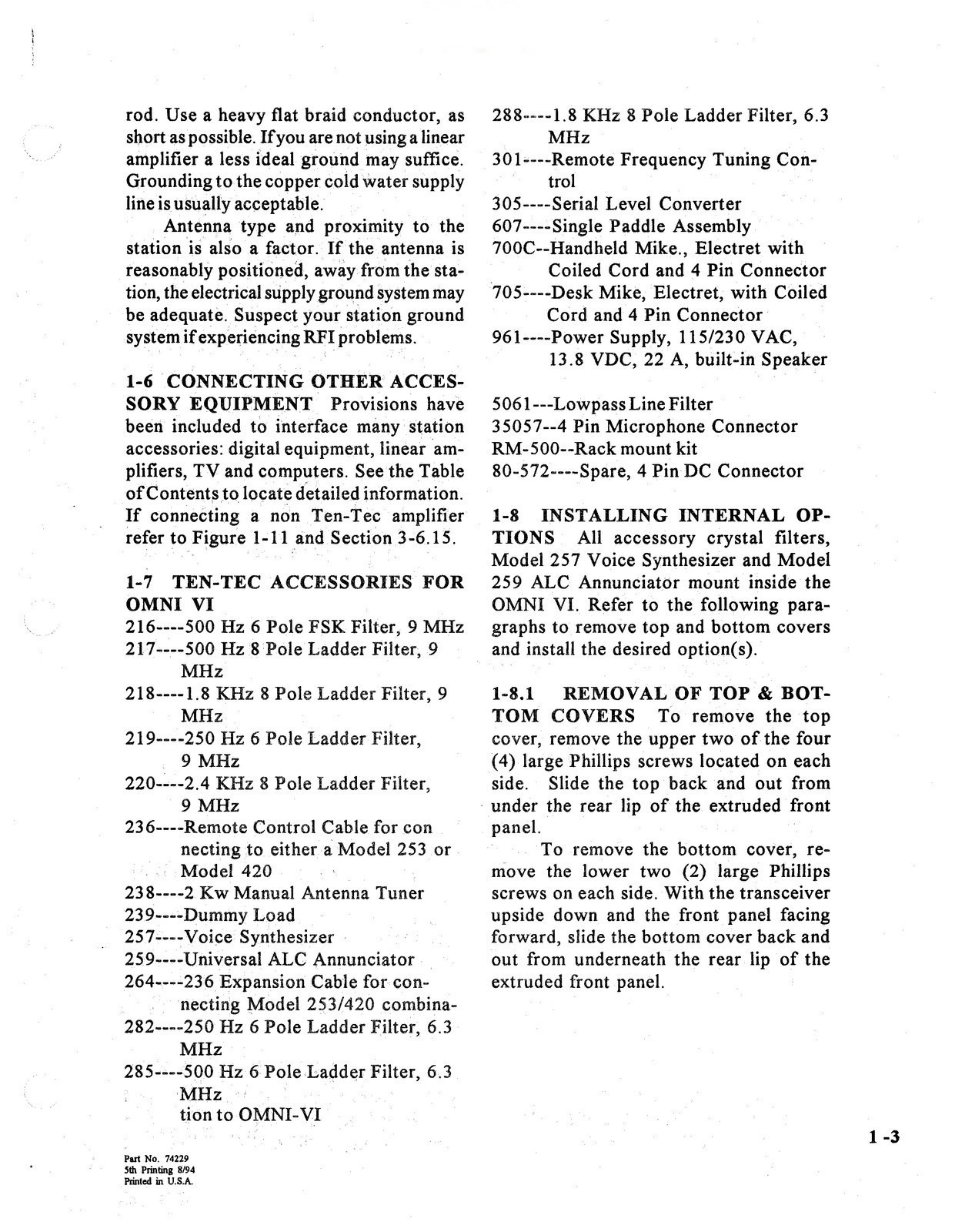 TEN TEC Omni 6 Model 563 HF Transceiver Operators Manual , FOLDOUTS