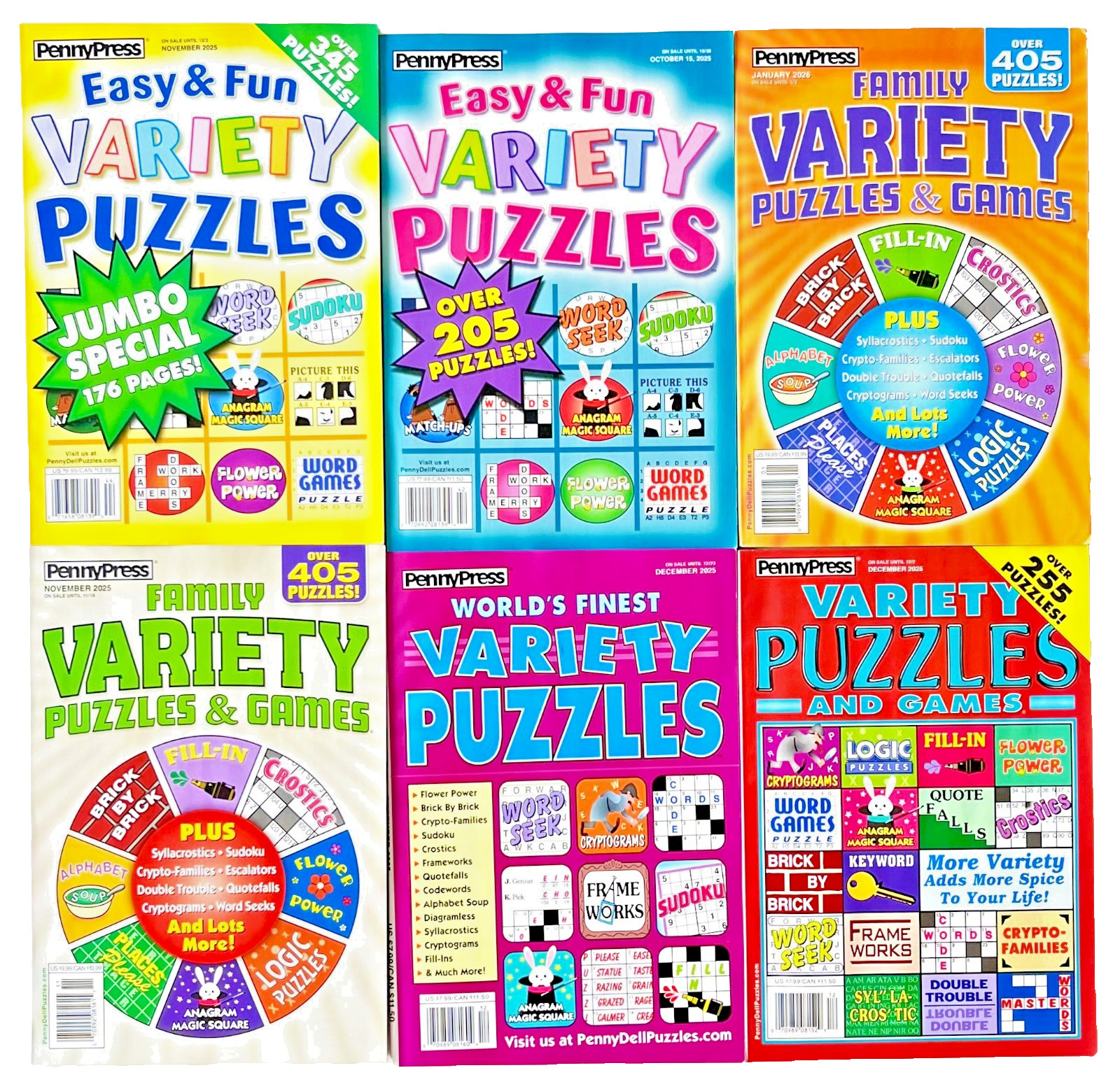 Lot 6 Penny Press Dell Easy Fun, Family, World Finest Variety Puzzle Books