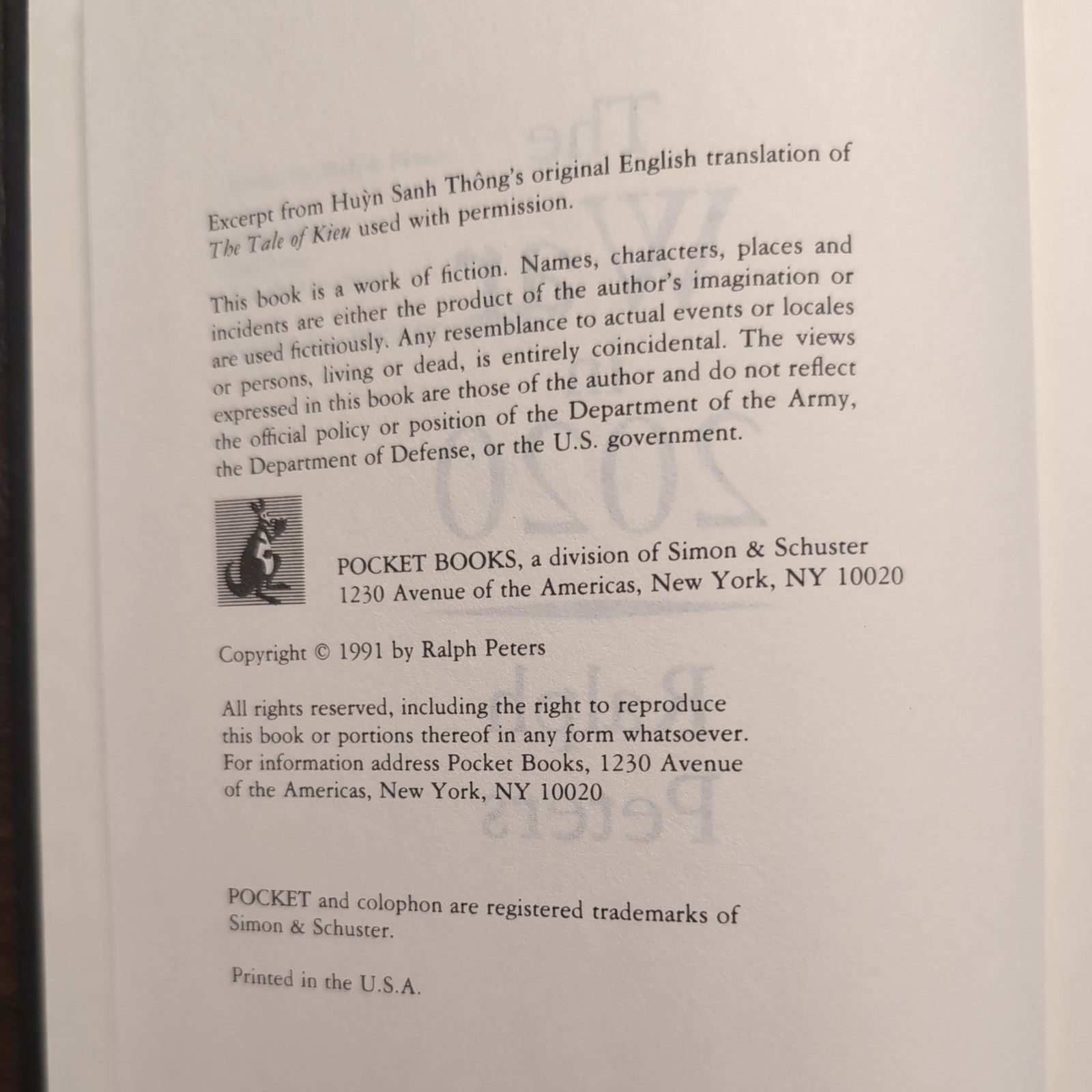 The War In 2020 Ralph Peters 1991 Hardcover, Dust Jacket