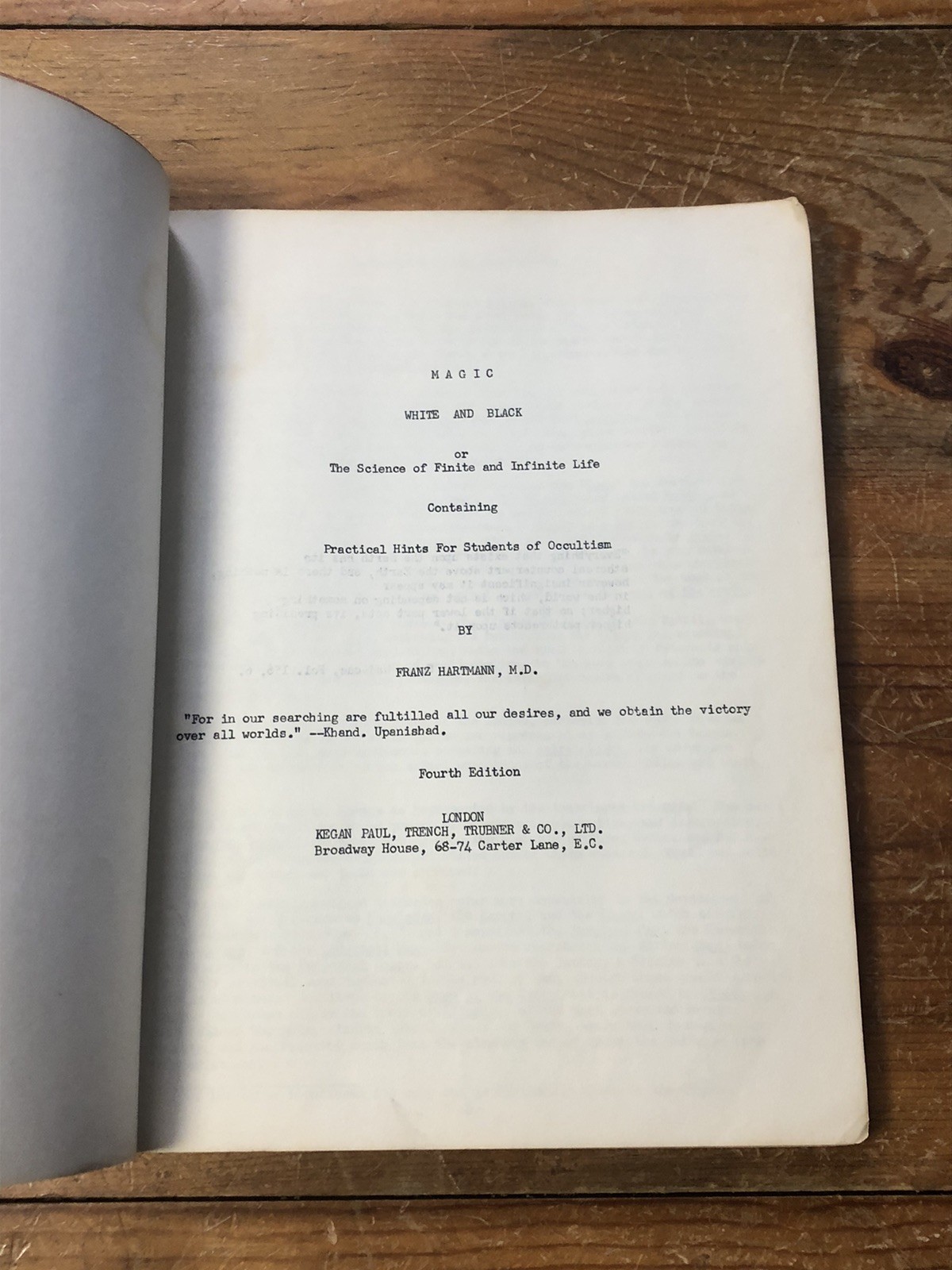 Magic, White and Black, by Fran’s Hartmann, M.d. 1961 Mimeograph Printing