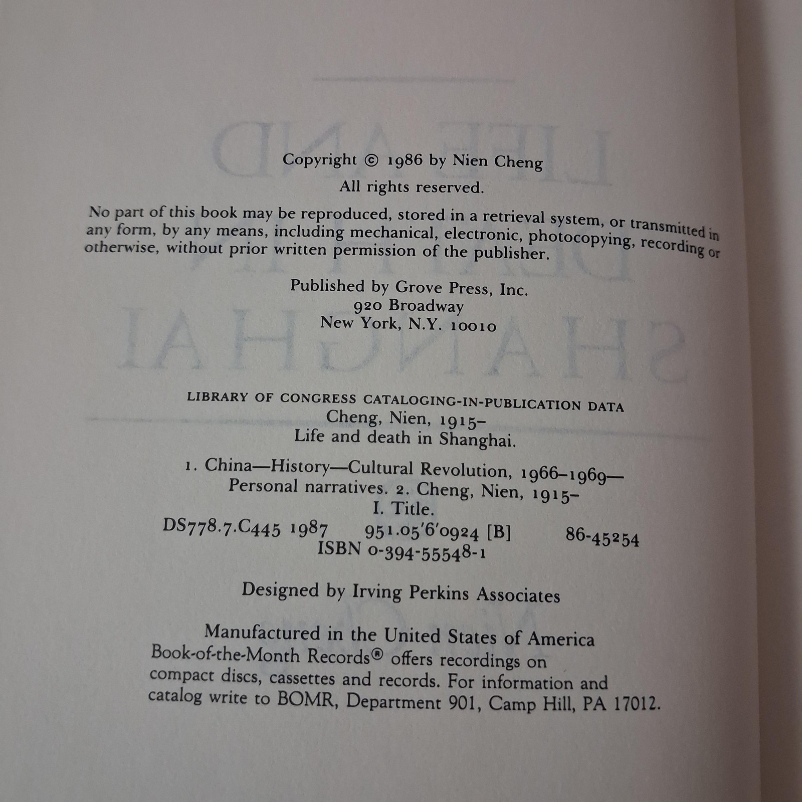 Vintage Life And Death In Shanghai Nien Cheng Hardcover Gray Grove Press 1987