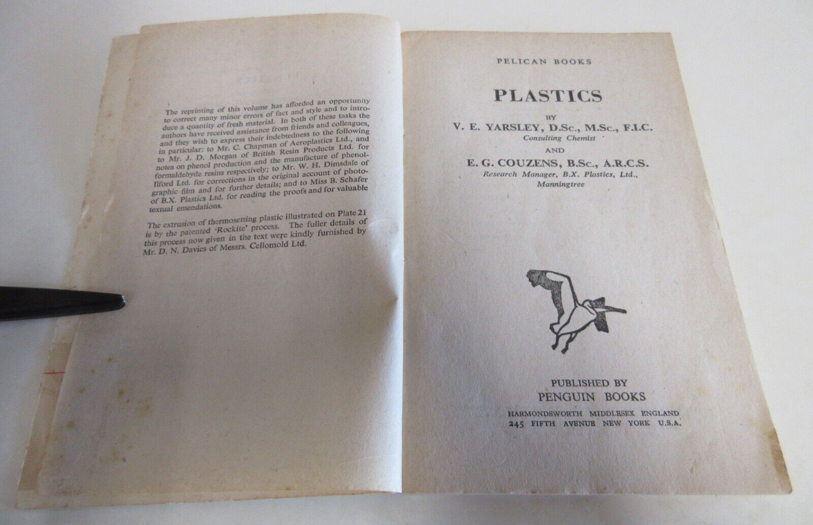 Plastics – by Yarsley and Couzens – Pelican Books – 159 Pages – Vintage – 1945